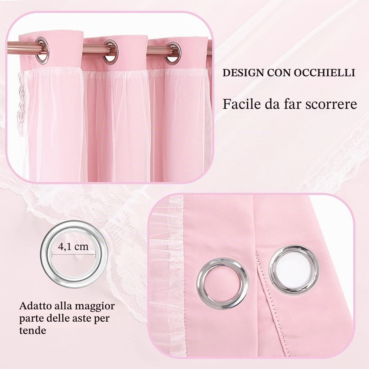Tende oscuranti rosa 213,4 cm di lunghezza, a doppio strato, per camera da letto dei bambini, soggiorno, cameretta dei bambini, orlo in pizzo rosa, 2 pezzi