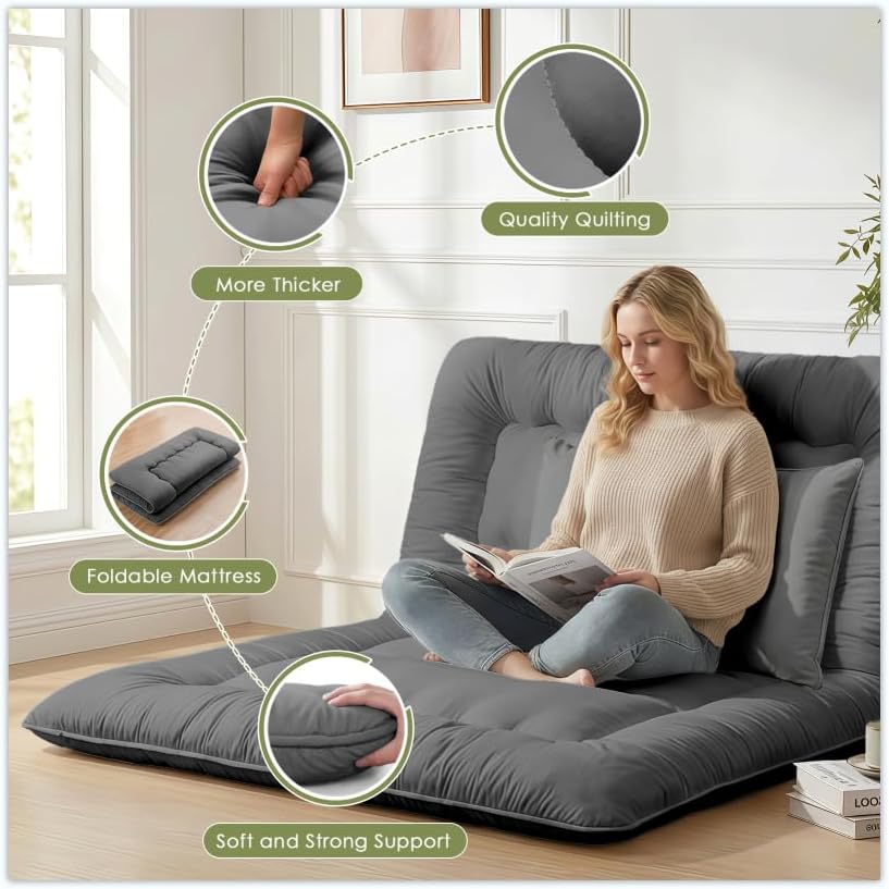 Miniatura 3 de Futón de colchón japonés para suelo, tapete de tatami plegable de 4 pulgadas de grosor con 2 fundas de almohada, cama de suelo tamaño individual