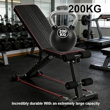 Adjustable Foldable Workout Bench, 200KG Weight Capacity, Home Gym Strength Training Exercise Bench with 7-Position Backrest & Resistance Bands, Heavy Duty Steel Frame, Space Saving for Home Use
