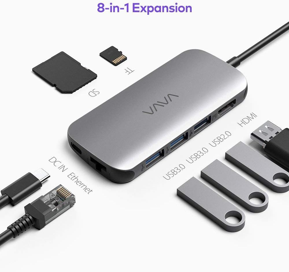 VAVA 8-in-1 USB C Hub, 4K USB C to HDMI Adapter with 100W Power Delivery, SD/TF Cards Reader 2 USB3.0/ 1USB 2.0 Ports and Gigabit Ethernet Port for MacBook Pro, Chromebook, and Type C Windows Laptops