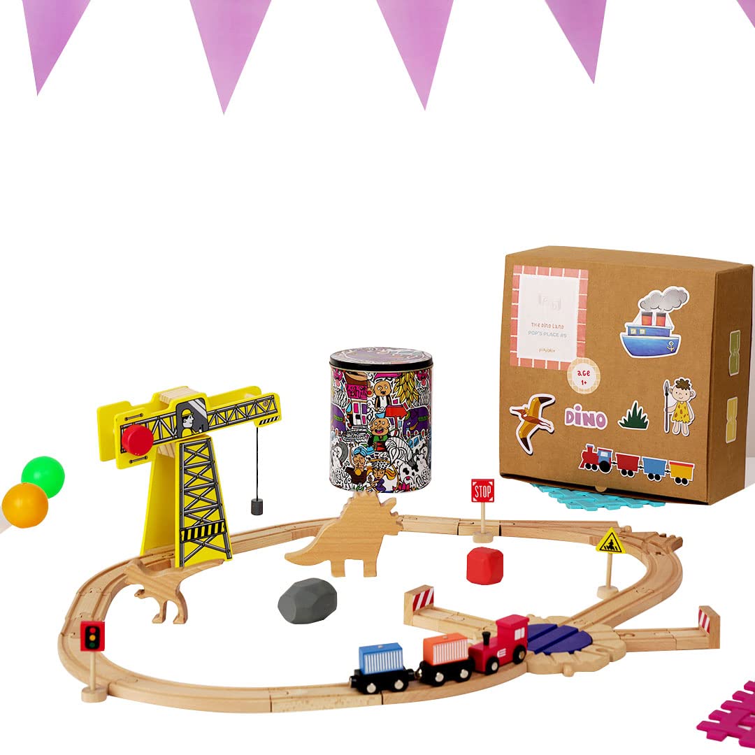 Playbox The Dino Land - Starter pack Wooden Playset Include 20 Wooden Track/3 Trains/3 signals/1 Crane/2 stones/2 Dinosaurs/Wooden Animal Toy Dinosaur for Toddlers for +1 Years