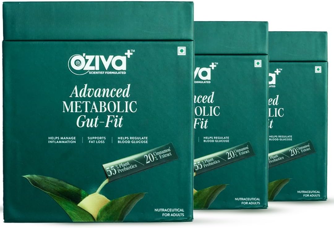 OZiva+ Advanced Metabolic Gut-Fit For Gut & Metabolic Heath | With Cinnamon Polyphenols, B420™ | Probiotic, Oat Fiber Prebiotic | 90 Sachets + 90 Effervescent Tablets (Pack 3)