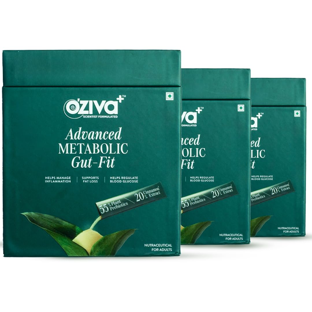 OZiva+ Advanced Metabolic Gut-Fit For Gut & Metabolic Heath | With Cinnamon Polyphenols, B420™ | Probiotic, Oat Fiber Prebiotic | 90 Sachets + 90 Effervescent Tablets (Pack 3)