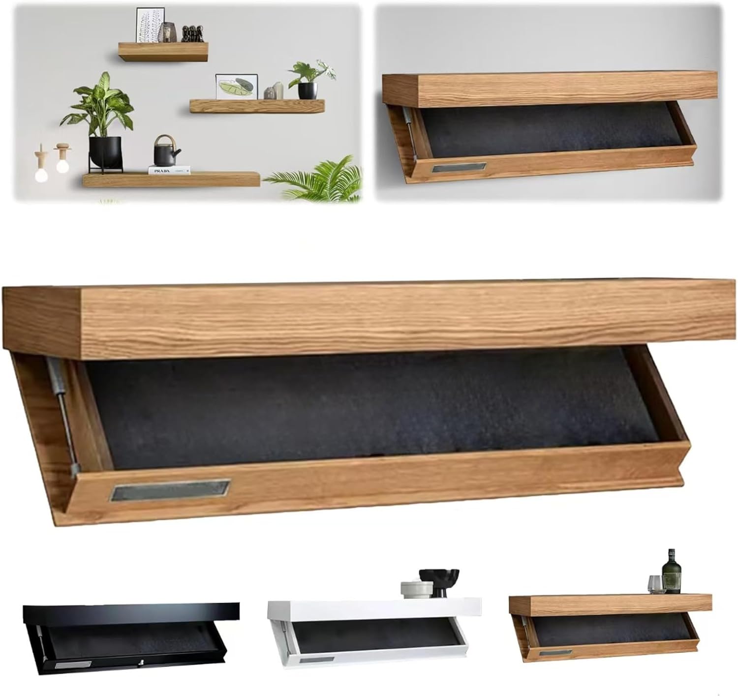 Hidden Compartment Wall Shelf - Floating Shelf with Secret Storage, Wooden Frame Diversion Safe for Living Room/Office/Kitchen, Lockable Decorative Hidden Safe Shelf (Black) (Wood Color)