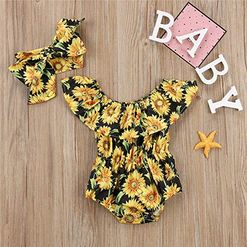 Kayotuas Newborn Baby Girls Sunflower Outfits Ruffle Sleeve Romper Bodysuit Infant Pompom One Piece Jumpsuit with Headband (Sunflower-Off Shoulder, 18-24 Months)