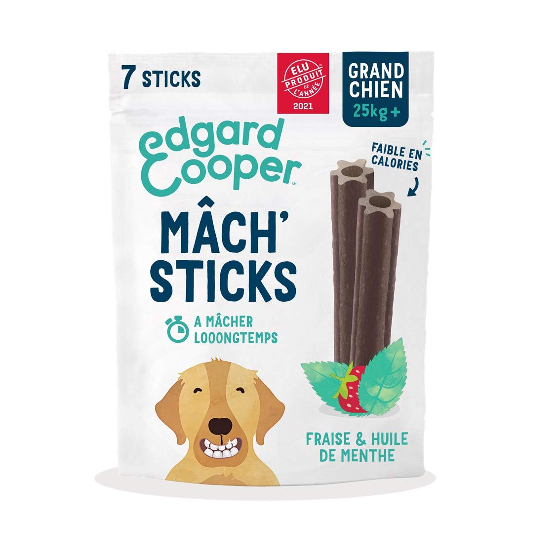Edgard & Cooper Golosinas Dental Stick Gran Perro Natural 7 Batidoras de Higiene Dental Menta y Fresa, Una por día, baja en calorías, Masticación larga eficaz, aliento fresco