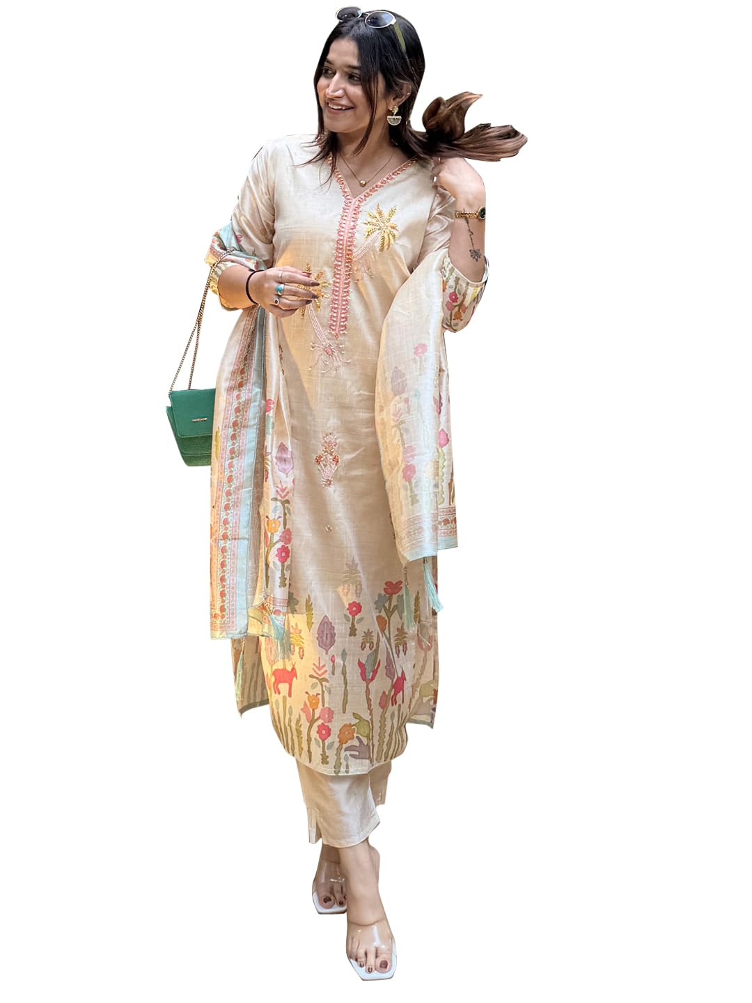 vredevogel Women's Beads Embroidered Viscose Assam Silk Kurta Pant Set with Dupatta | Festive & Casual Ethnic Kurta Sets for Women-picture-49