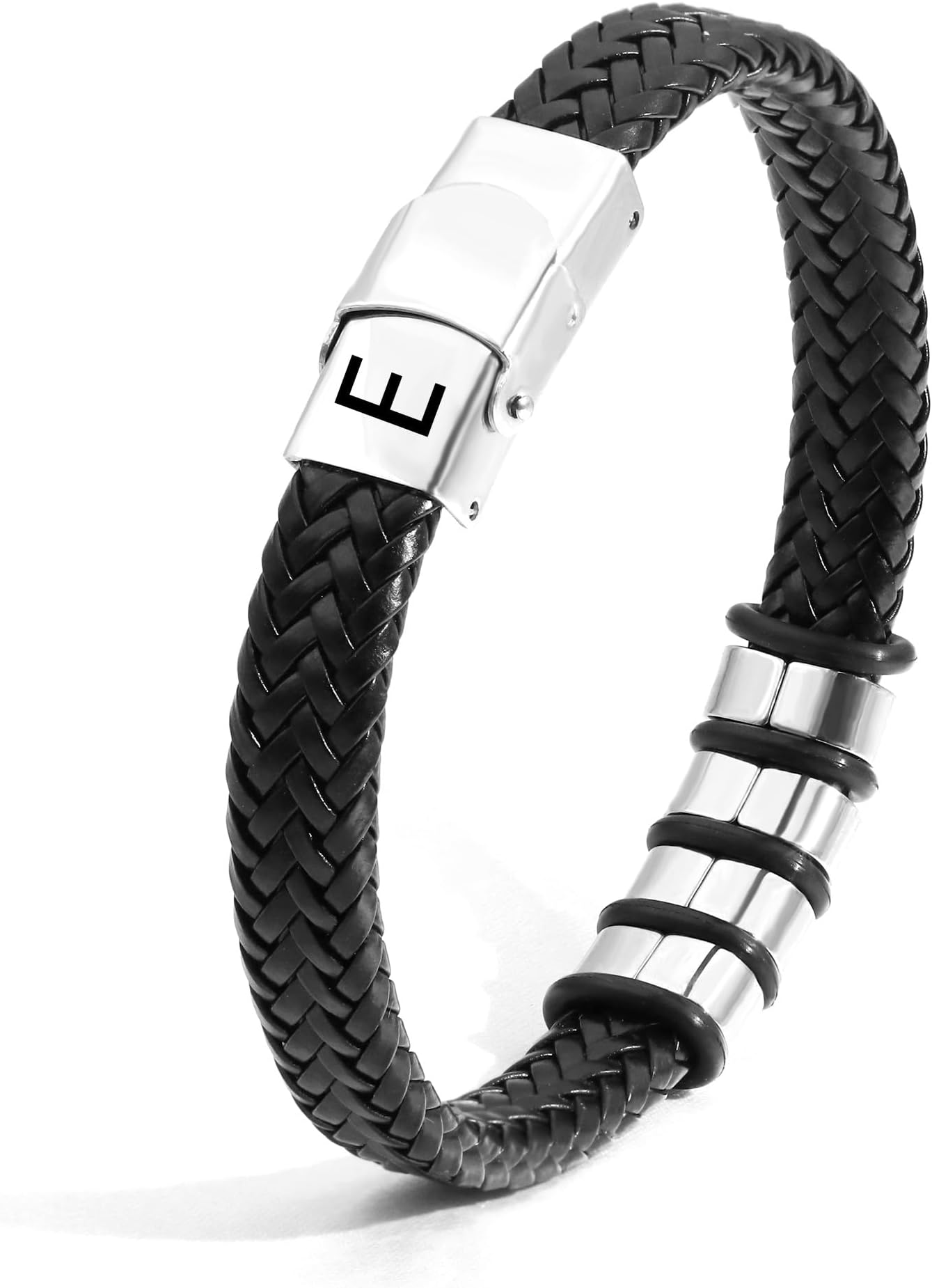 Bracelets for Men,Black Leather 26 Initial Bracelet For Man Stainless Steel A-Z Letter Charm Woven Bracelet Christmas Gifts for Dad Grandad Boyfriend Son Brother