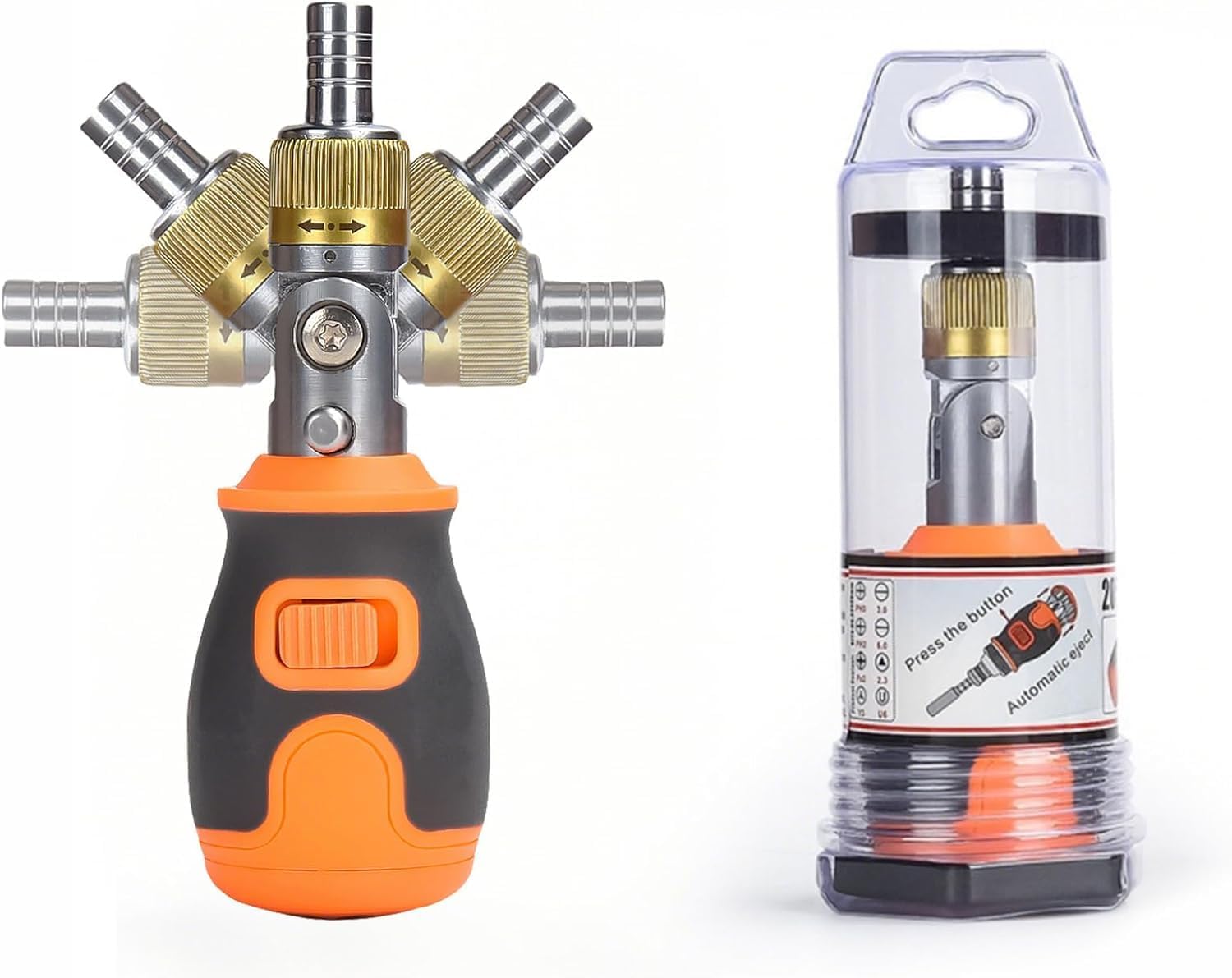 8-in-1 Mini Ratchet Screwdriver with 3-Speed Ratchet, Multi-Function Portable Tool Set, Lock Direction, Orange