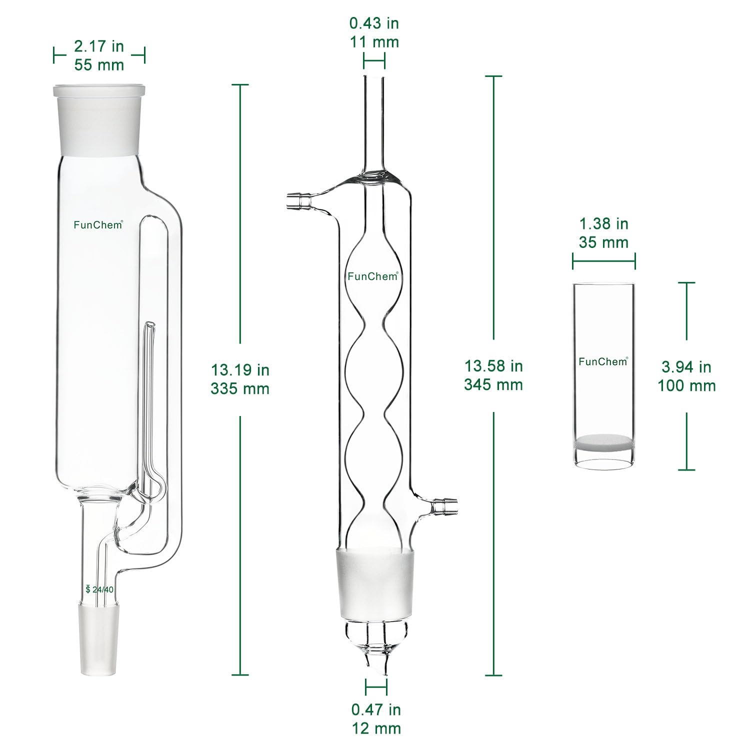 FunChem Soxhlet Extractor de vidrio borosilicato 45/40 Soxhlet con condensador Allihn y funda de extracción, paquete de 3