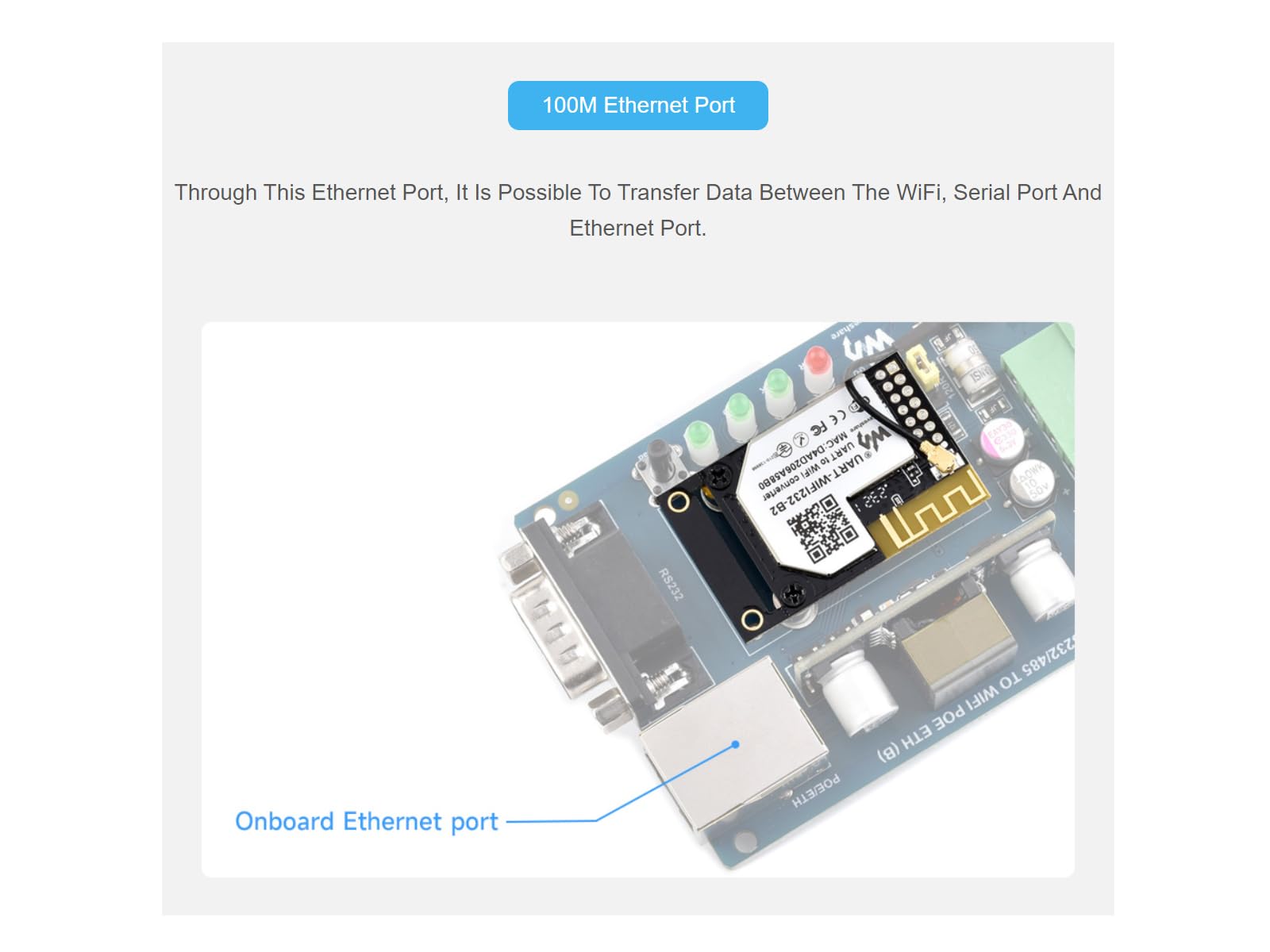 UART To WiFi and Ethernet Module,UART Serial Server,Industrial WiFi Module,Integrated 802.11b/g/n Module,TTL Serial Port, WiFi, and Ethernet Port Bi-Directional Transparent Transmission
