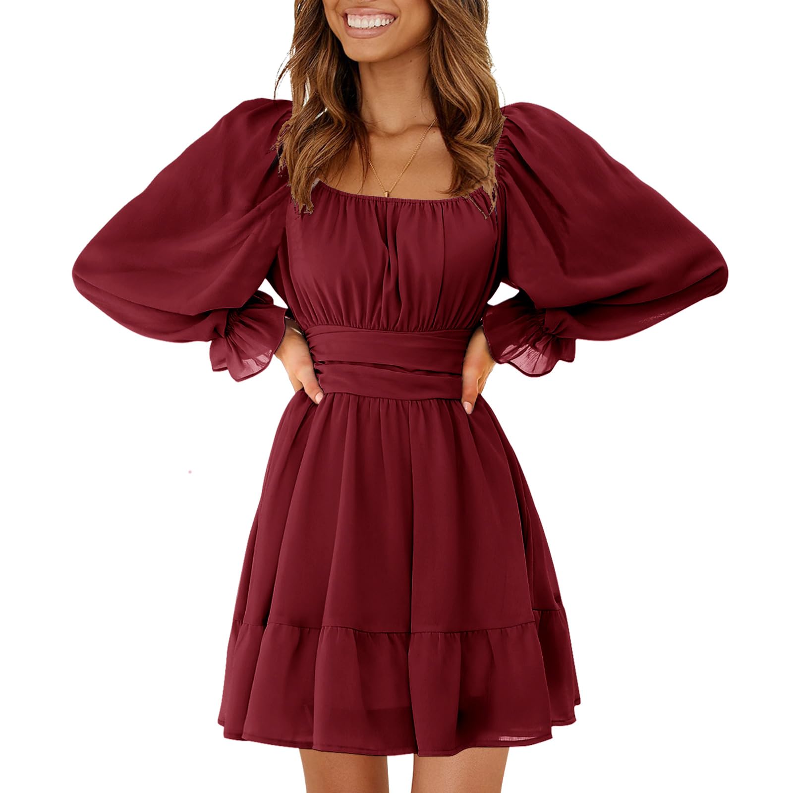EXLURA Womens 2026 Casual Long Lantern Sleeve Dresses Square Neck Ruffle Tie Back Elastic Waist Aline Short Mini