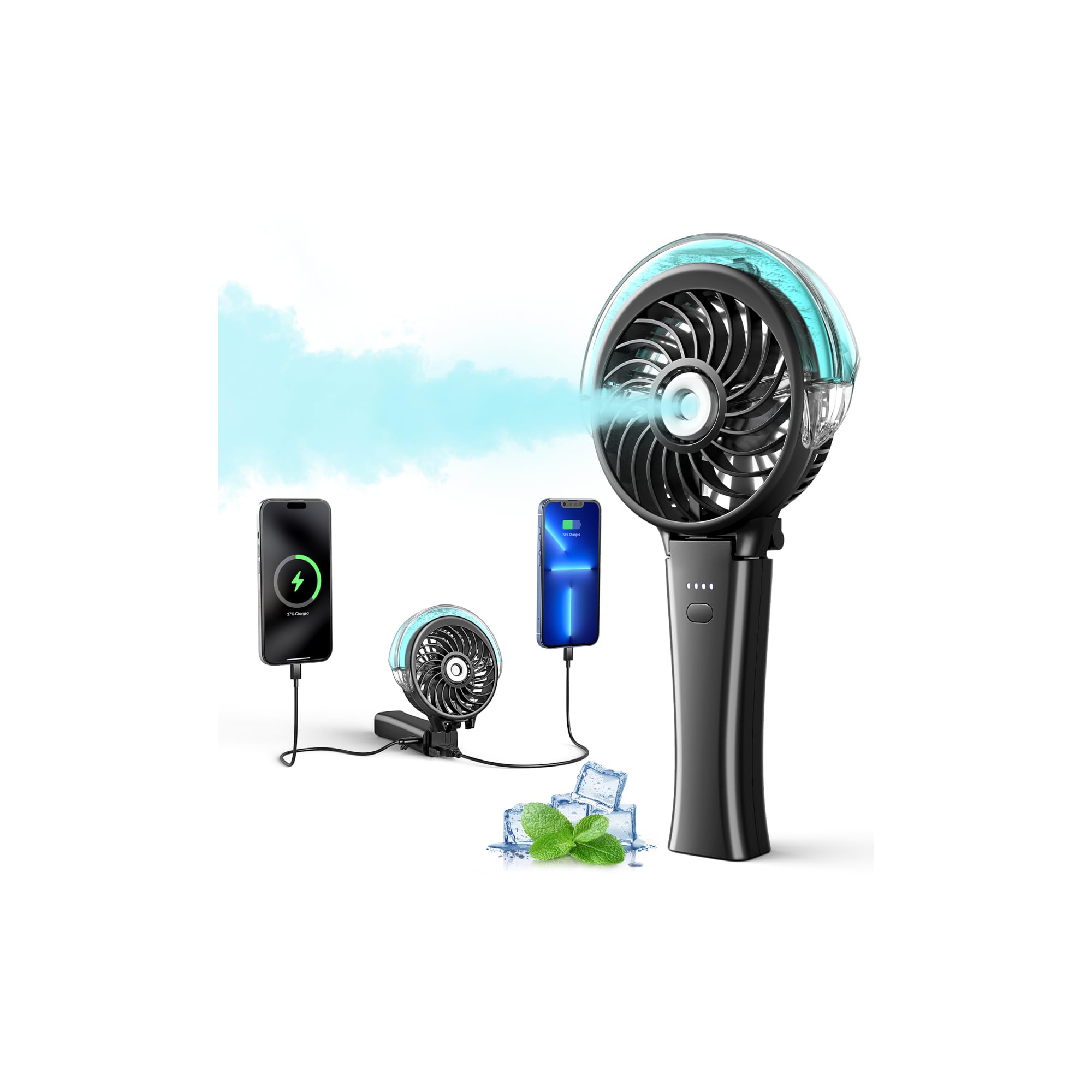 VersionTECH. Portable Handheld Misting Fan as Power Bank, 50ml XL Water Tank, 20H Runtime 3 Speeds, 180° Foldable Rechargeable Mist Fan for Travel, Outdoors, Makeup - Black