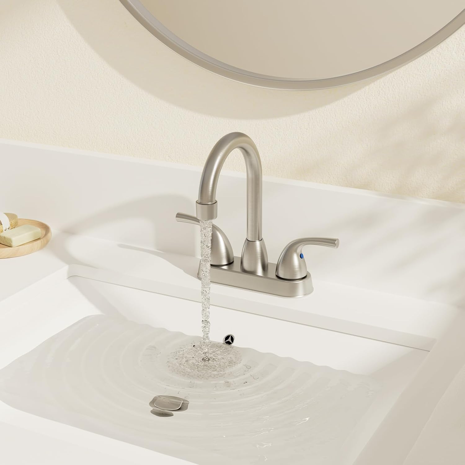 Phiestina Brushed Nickel Bathroom Faucet 4 Inch Centerset, 2 or 3 Hole Deck Plate Bathroom Sink Faucet, with Metal Pop-up Drain with Overflow and Water Supply Line, BF02011-B11-GBN