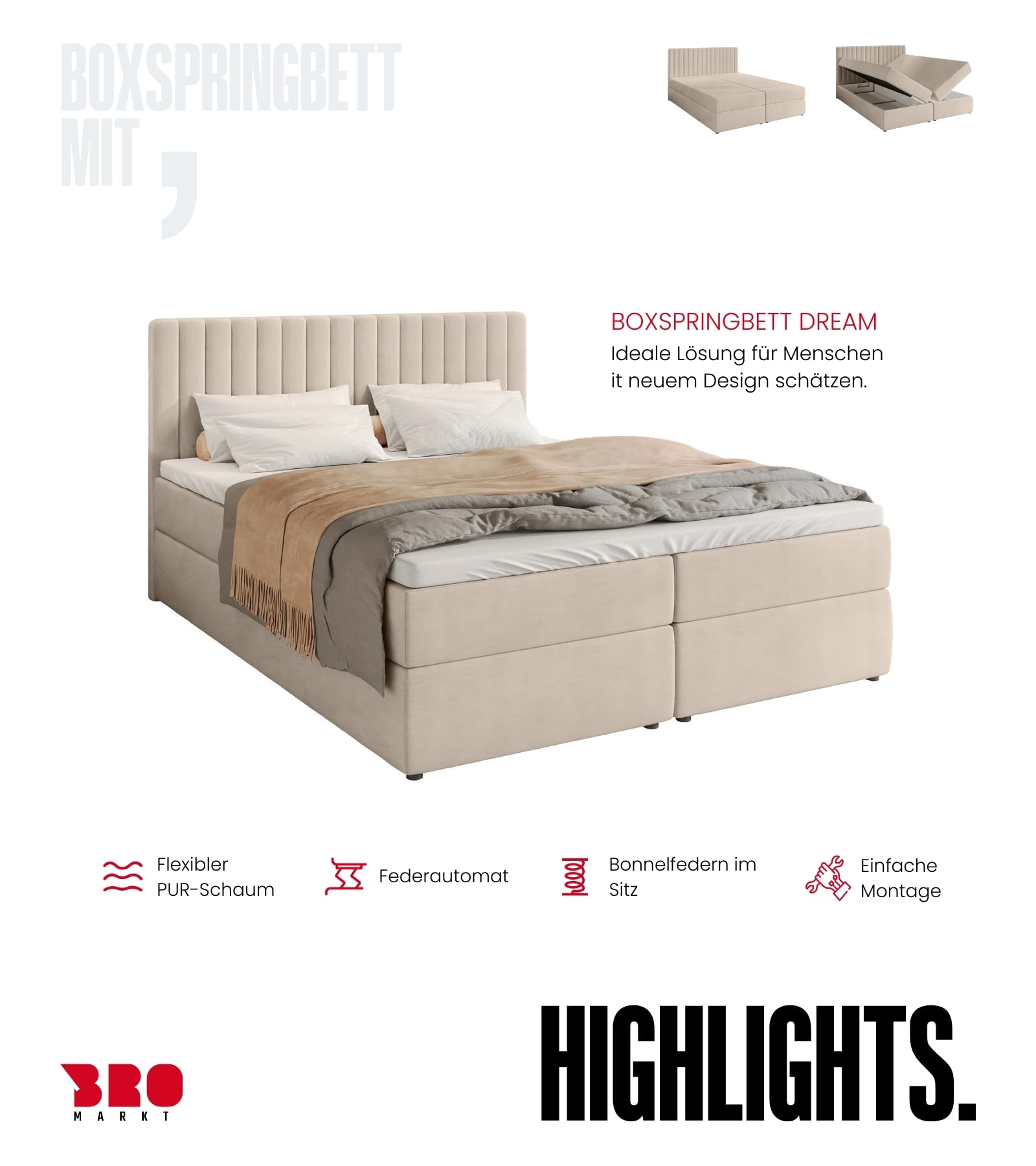 BROMARKT Boxspringbett 180x200 mit Bettkasten Topper Härte H3 Beige