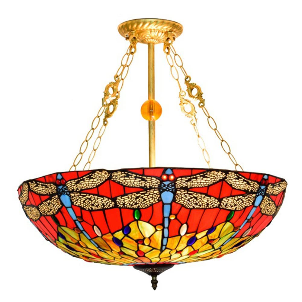 FYZDLAOR Red Dragonfly Pattern Tiffanystyle Large Size Inverted Pendant Lights Chandelier 24 Inches Wide 5 Light Fixture for Dining Living Room Bedroom Foyer