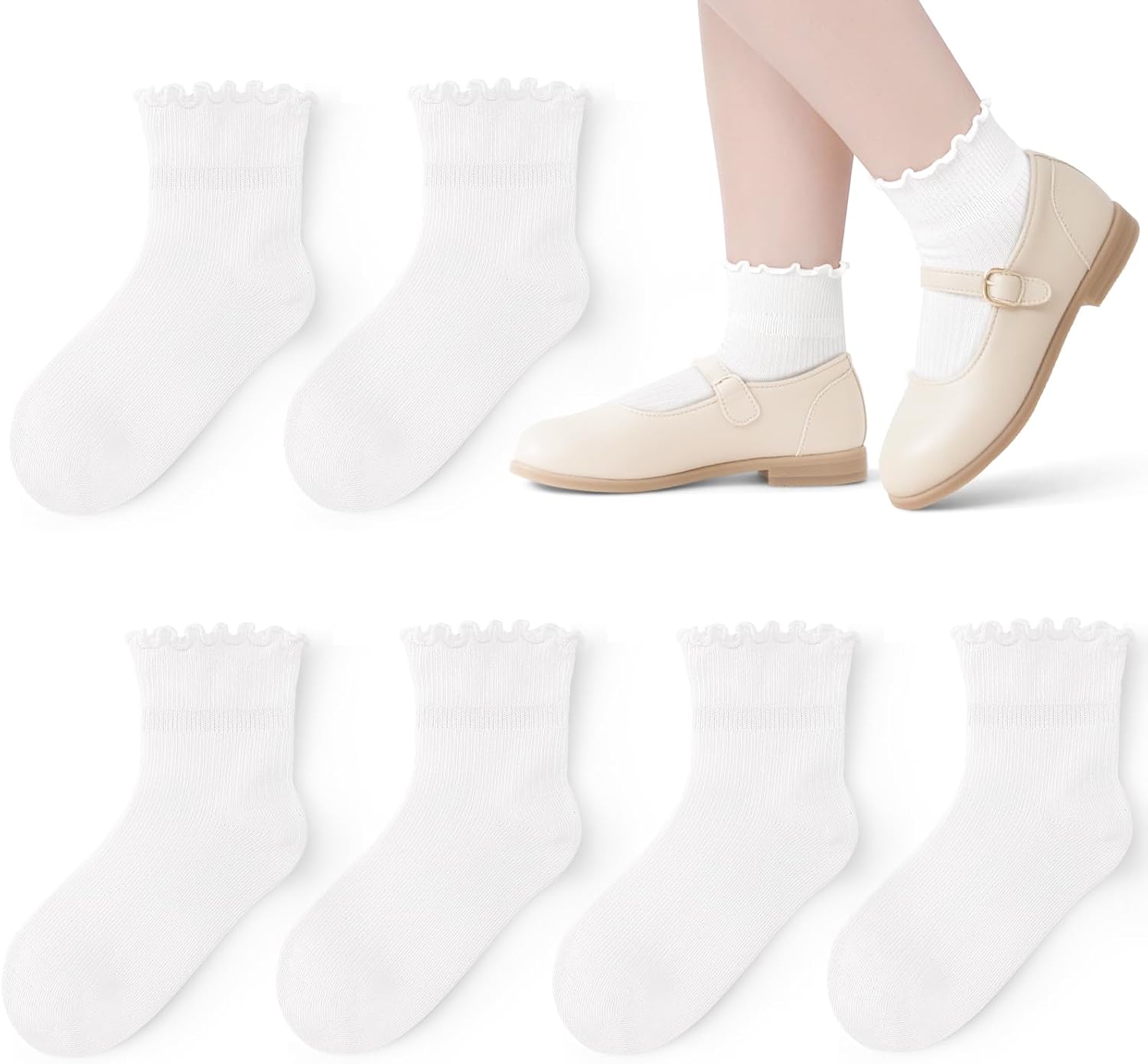 6 Pairs White Girls Ruffle Socks Toddler Kids School Uniform Soft Cotton Frilly Dress Socks Seamless Toe 6 Pairs White Girls Ruffle Socks Toddler Kids School Uniform Soft Cotton Frilly Dress Socks Seamless Toe