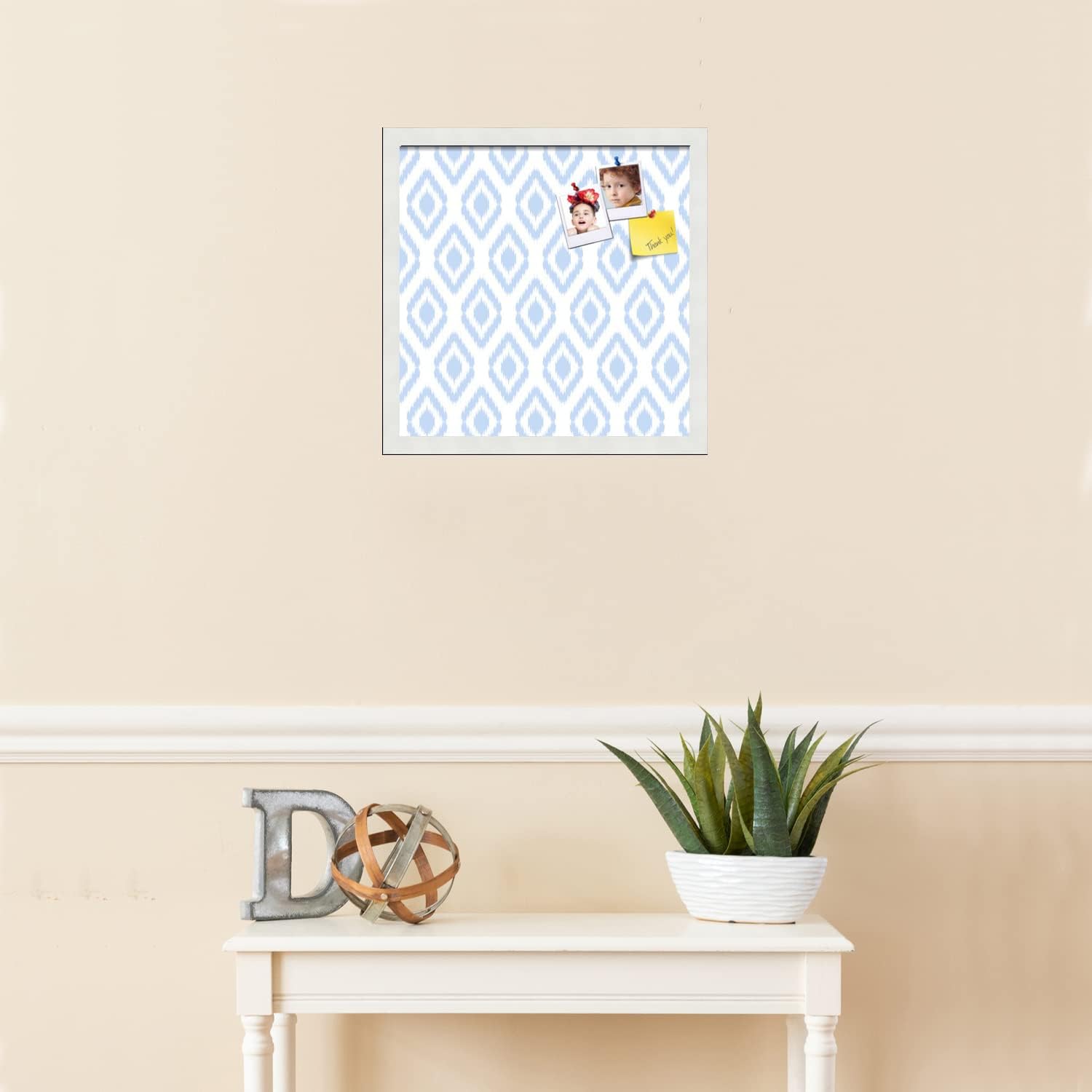 PinPix 16x16 inch Cork Bulletin Board. This Decorative Framed Pin Board Comes with Ikat Light Blue Design and a Satin White Frame Frame. Ideal for Home Office Decor (PinPix-1633)