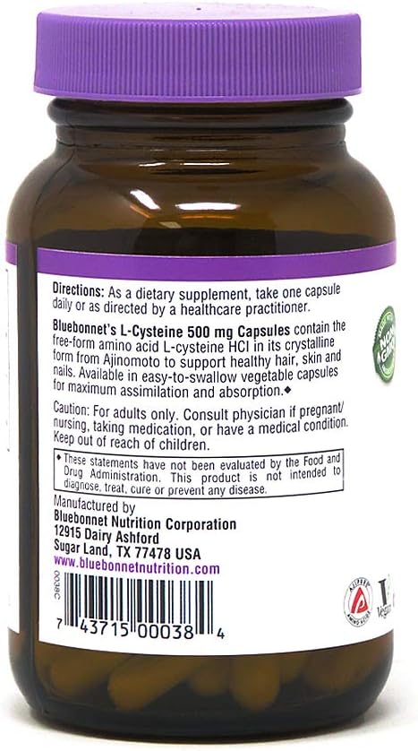 Bluebonnet Nutrition L-Cysteine 500mg, Free-Form Amino Acid, Promotes Healthy Skin, Hair and Nails, Soy-Free, Gluten-Free, Non-GMO, Kosher Certified, Vegan, White, 60 Vegetable Capsules