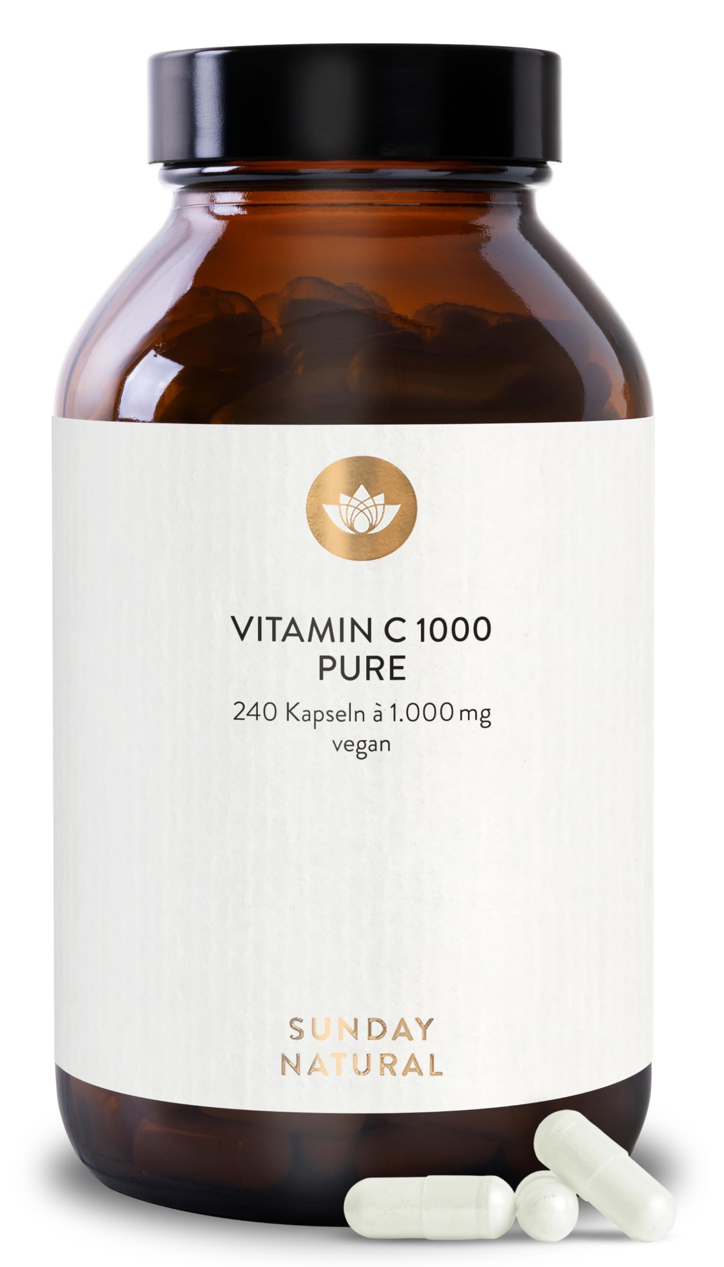 SUNDAY NATURAL® Pure Vitamin C – Reines Vitamin C 1000mg pro Kapsel – Hochwertige Ascorbinsäure mit ≥ 99 % Reinheit - 240 vegane Kapseln – Laborgeprüft, ohne unnötige Zusätze