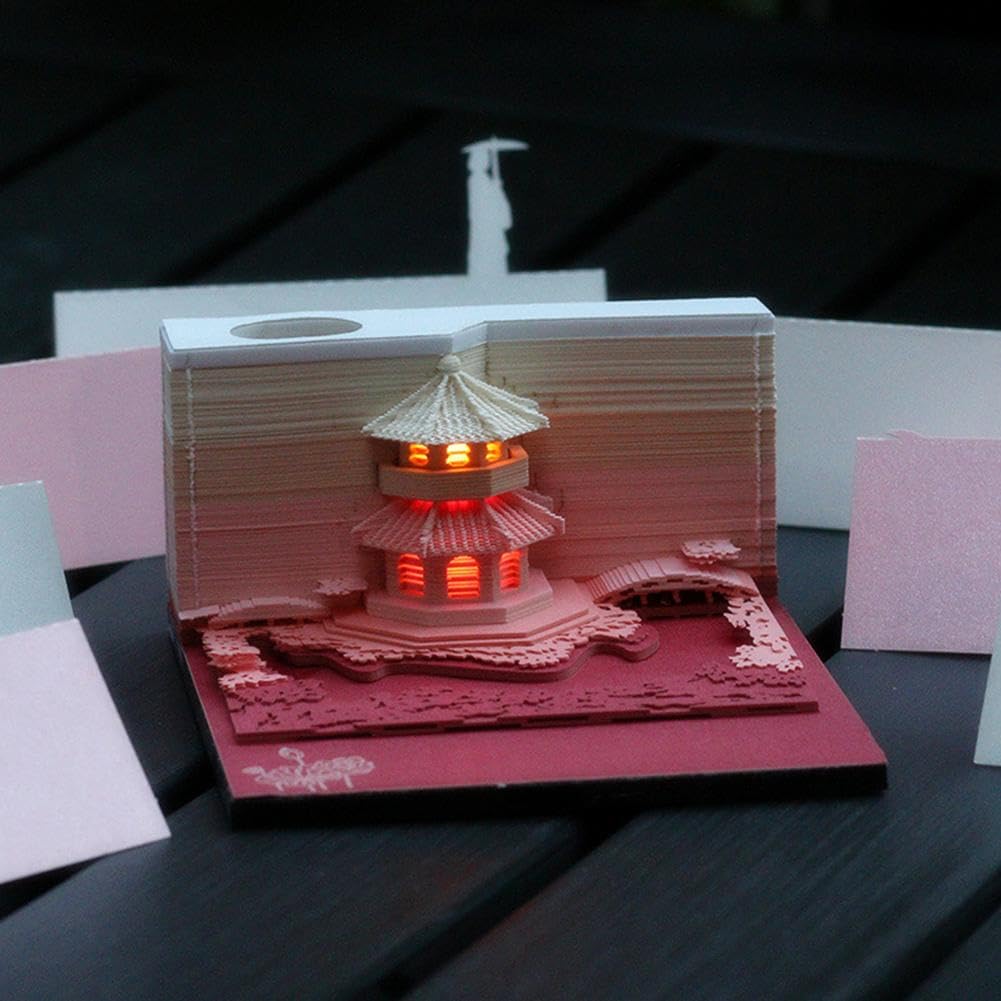 3D-Notizblock mit Licht, 3D-Papierschnitzerei, Gartenpavillon, geschnitzter Notizblock mit Lichtern, Büro-Schreibtisch-Ornament, zum Abreißen, Papierbasteln, Gartenpavillon, für Zuhause, Büro,