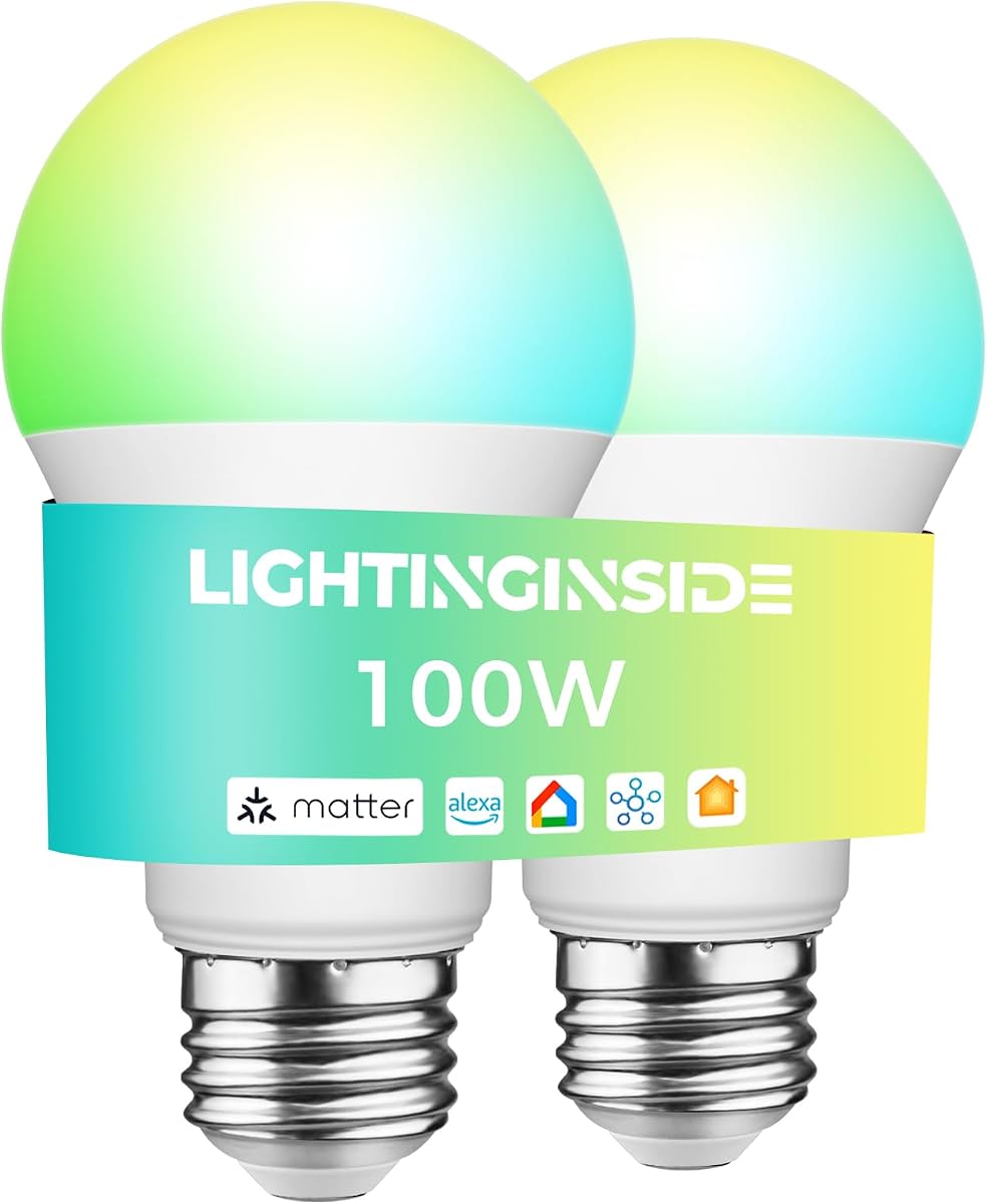 Matter Smart Light Bulbs 100W, Color Changing Light Bulbs | Compatible with Alexa/Apple Home/Google Home/Siri/SmartThings, 1350LM 11W E26 RGBCW Smart Bulb, 2.4G WiFi, ETL Listed, 2 Pack