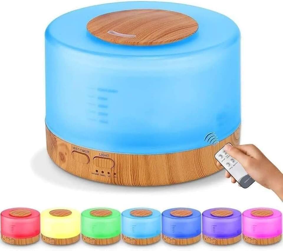 Difusor Aromatizador Ultrassônico Umidificador de Ar Portátil com LED 7 Cores de Purificador de Ambiente, Melhora a Qualidade do Ar, e Proporciona Relaxamento com Aromaterapia (Madeira Clara)