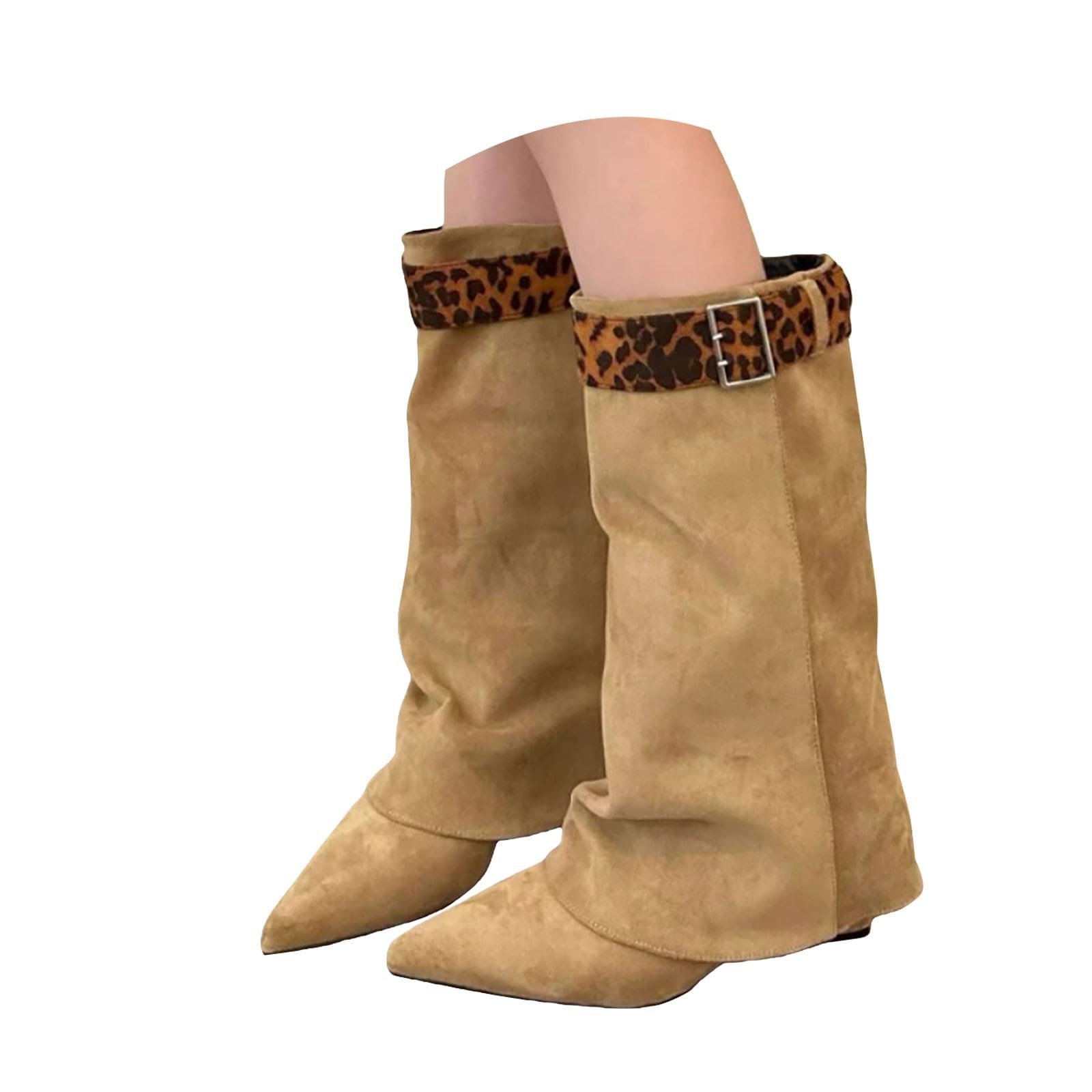 Generisch Langschaft Stiefel Damen Fold Over Shark Cowboystiefel mit Blockabsatz - Klassisch Halbhoch Weitschaftstiefel Spitzer Zehenbereich Übergangsstiefel Damenstiefel für Herbst Winter