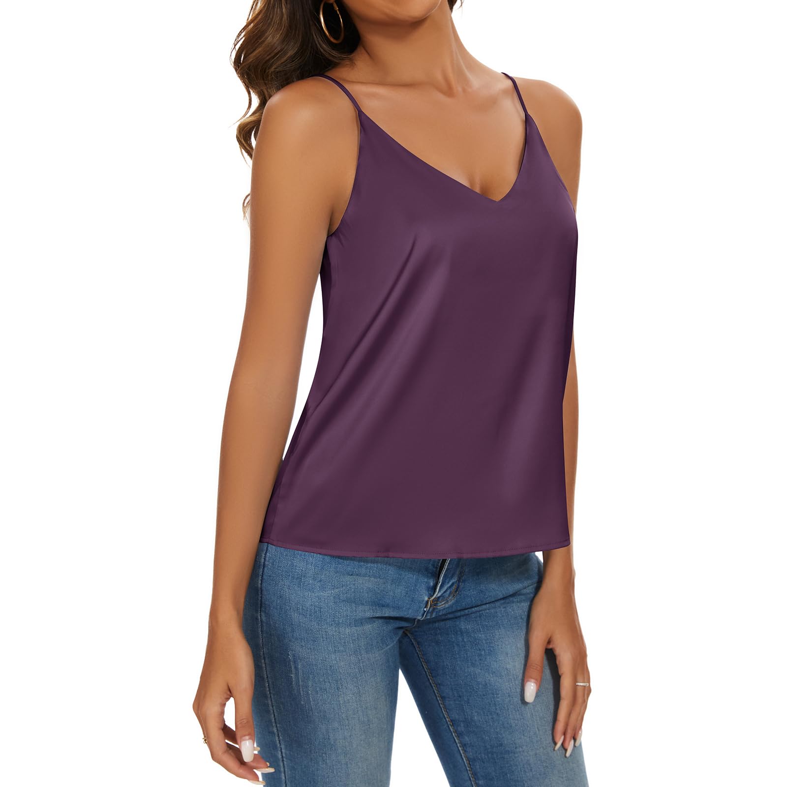 Miqieer Camiseta básica de seda sin mangas para mujer, cuello en V, camisola sedosa suelta sin mangas blusa de satén