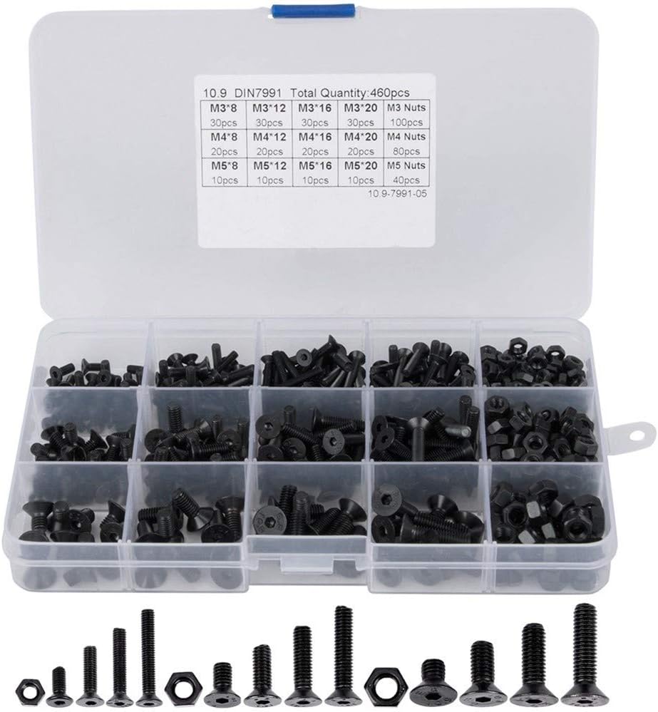 460Pcs M3 M4 M5 Alloy Steel Countersunk Flat Head Hex Socket Cap Screws Nuts Set Assortment Kit Precise Metric Bolts
