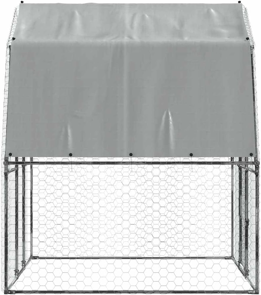 vidaXL Chicken Cage with Roof and Door, Large Chicken Coop, Walk in Chicken Cage for Outdoor Backyard, Hen Coop, Silver Galvanized Steel