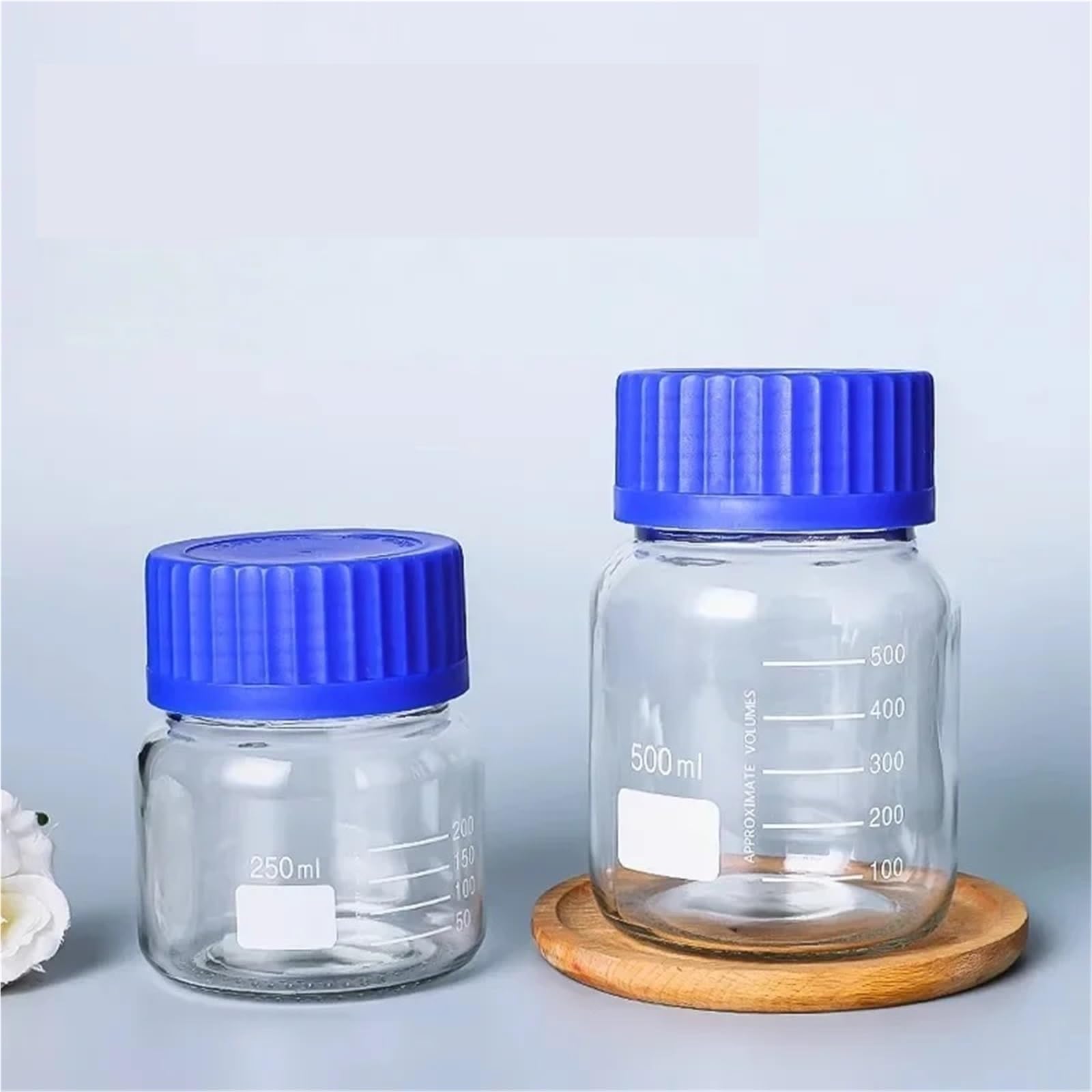 GL80 GL70 Botella de reactivo de boca grande transparente con tapa azul, botella de vidrio for muestra química, botella sellada de boca ancha con escala(GL80 1000ML)
