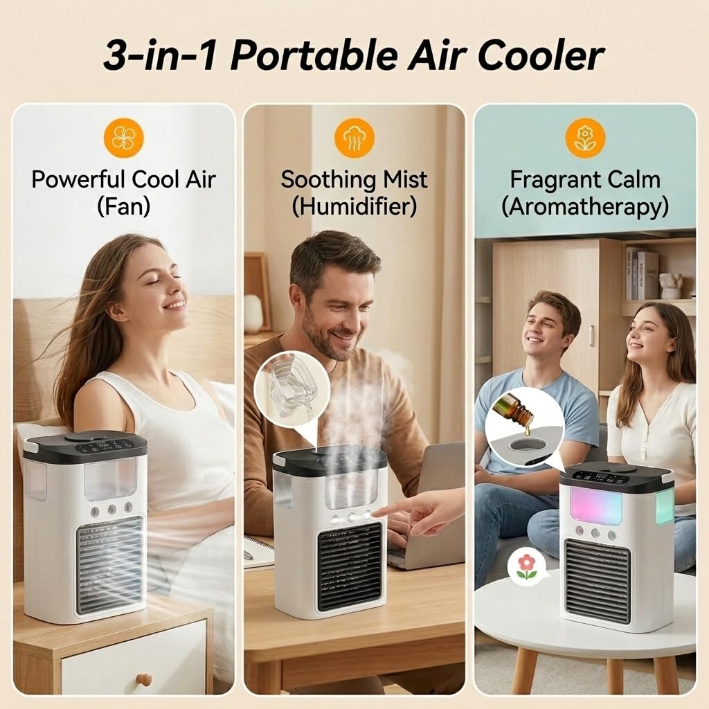 Ventilatore portatile per aria condizionata, alimentato tramite USB, mini condizionatore da tavolo ricaricabile con 3 velocità e 3 modalità di nebulizzazione, serbatoio dell'acqua da 600 ml, luce RG