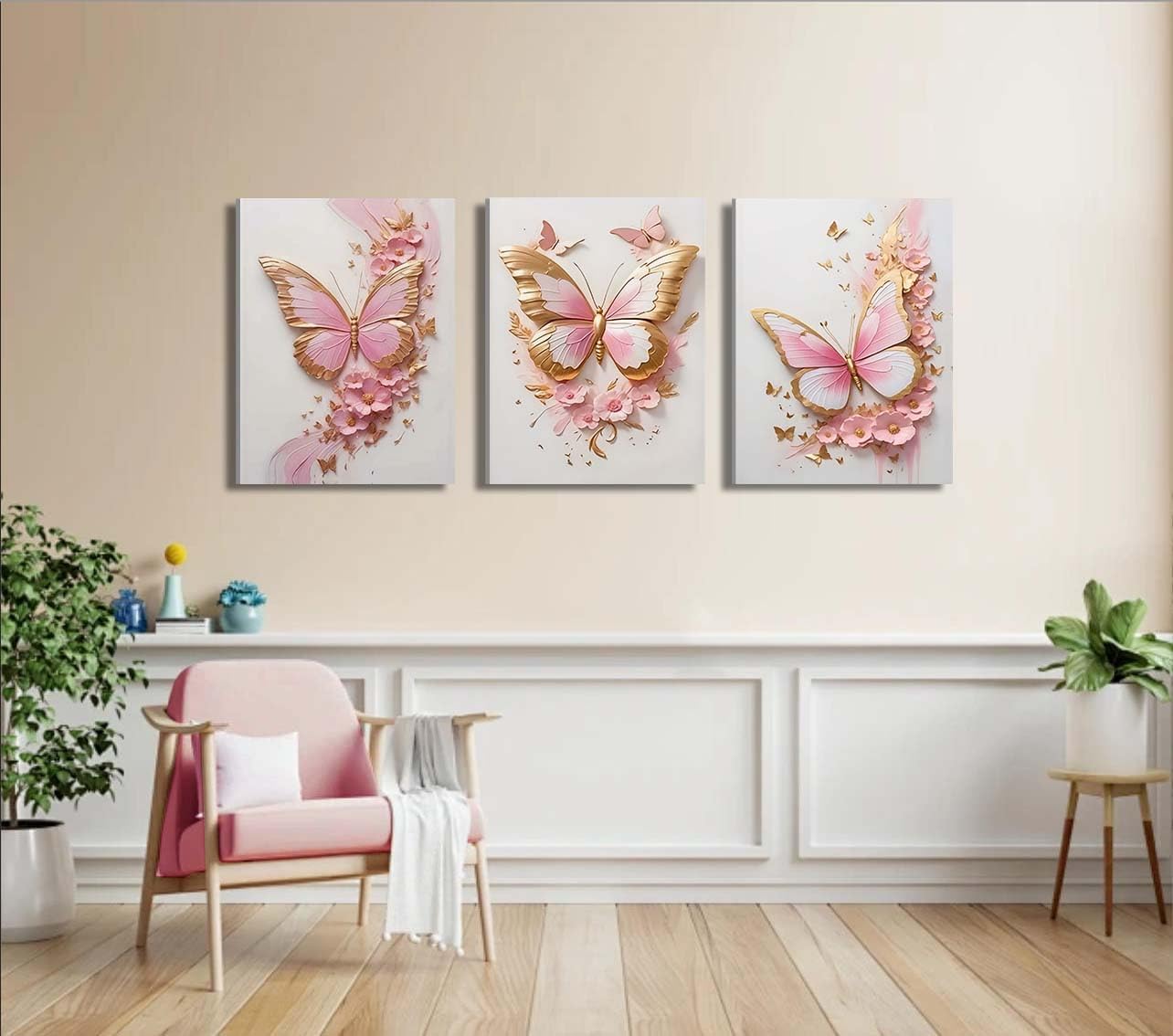 ACWOWO 2D Pink Butterfly Floral Wall Art 3-Piece Set Butterfly Poster Painting Pink Gold Floral Canvas Wall Decor for Girls' Bedrooms Bathrooms Offices Dorm Rooms 12 * 16 In （Canvas