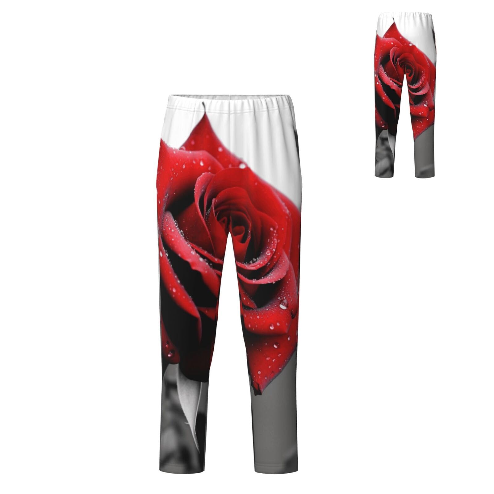Mens Pajama Pants Soft PJ Bottoms Black and White Red Rose Sleep Pant with Pockets Sleepwear Pants Pajama Bottom