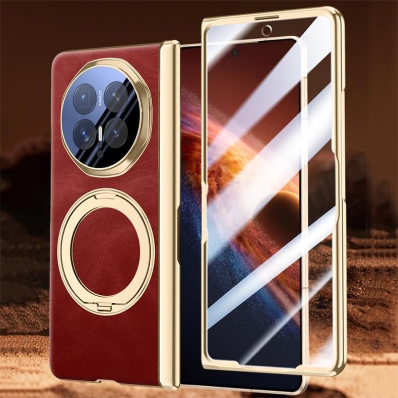 Leather Case for Honor Magic V6, Full Wrap Lens Protection Phone Back Cover Hinge Shockproof Luxury Lightweight Shock-Resistant Fashionable Case for Honor Magic V5 (Gold,Magic V5,Anti-peeping)