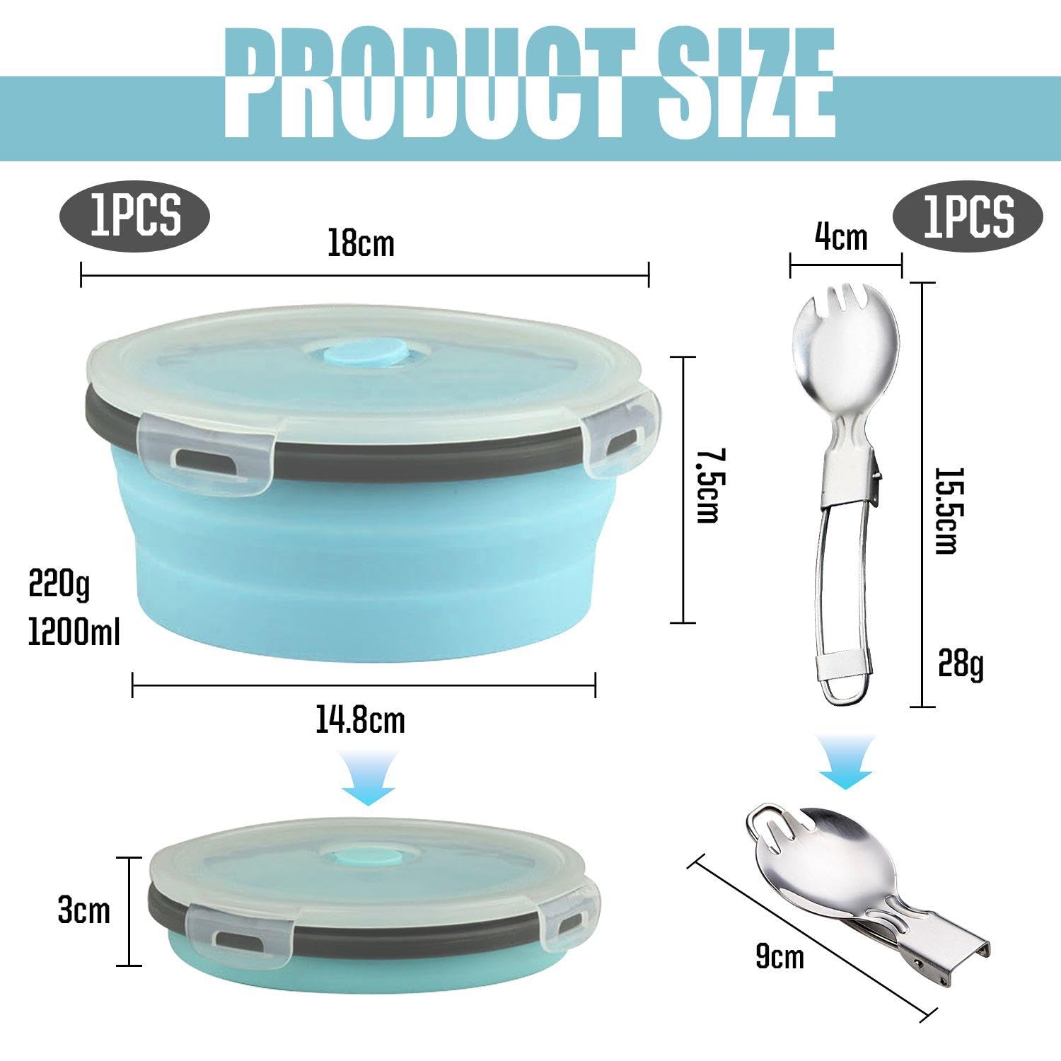 Ciotola Pieghevole Da 1 Pezzo, 1200 Ml, Silicone Riutilizzabile, Ciotola Campeggio Coperchio, Portatile Pranzo Rotonda, Stoviglie Pratiche