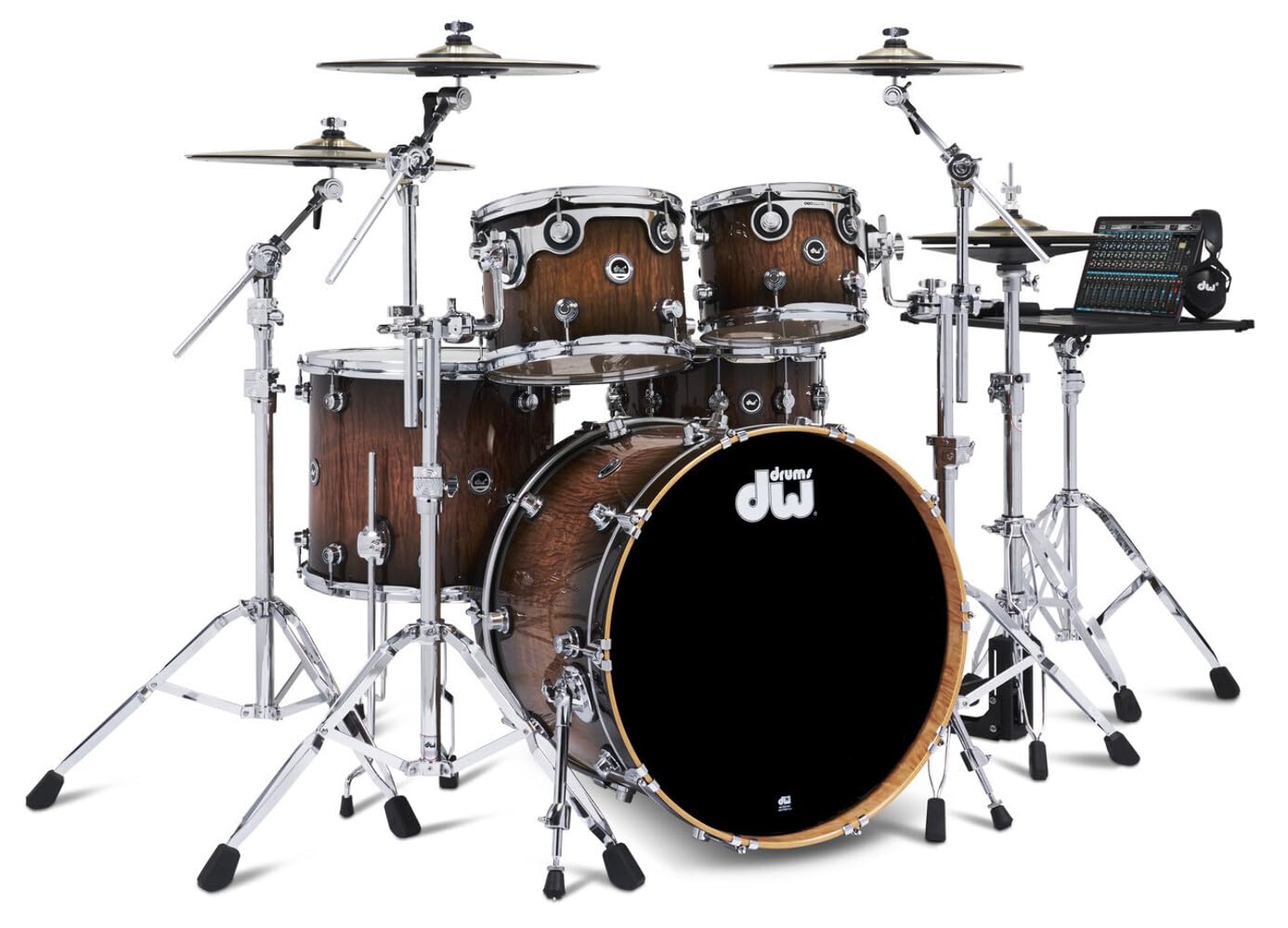 DWe Complete 5-Piece Kit Bundle, Curly Maple Burst Exotic with cymbals and hardware