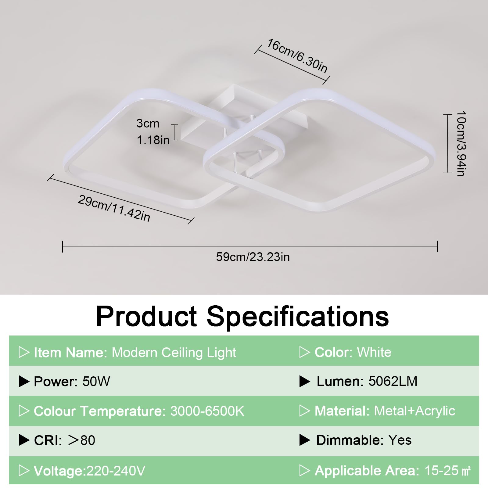 Comely Moderne LED Deckenleuchte Dimmbar, 50W 5625LM Deckenlampe Quadratische Dimmbar mit Fernbedienung 3000-6500K, 59cm Acryl-Deckenleuchte Moderne für Küche Wohnzimmer Schlafzimmer Badezimmer Flur