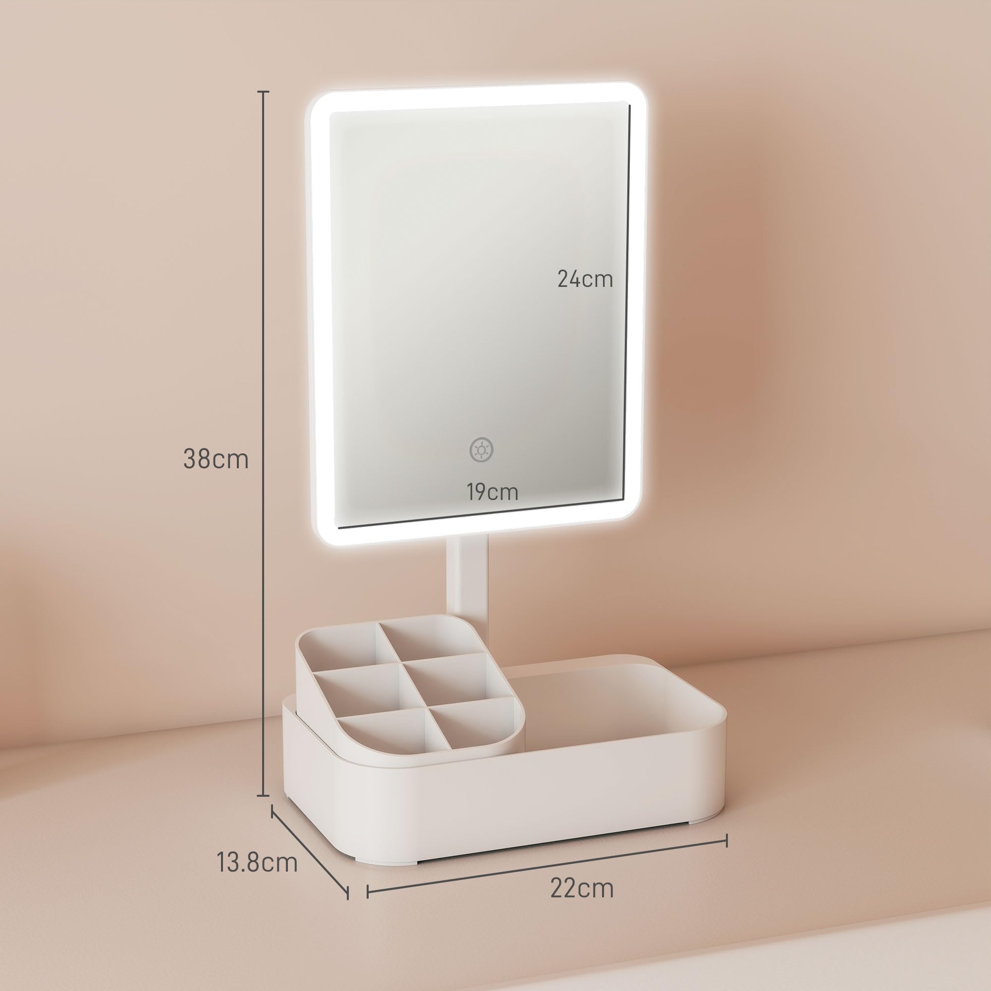HOMCOM Specchio da Trucco con Luce Dimmerabile, Specchio Illuminato con Regolazione Touch, 2 Modalità di Illuminazione, Rotazione 180°, Specchio Rimovibile e Organizer per Trucchi, Bianco