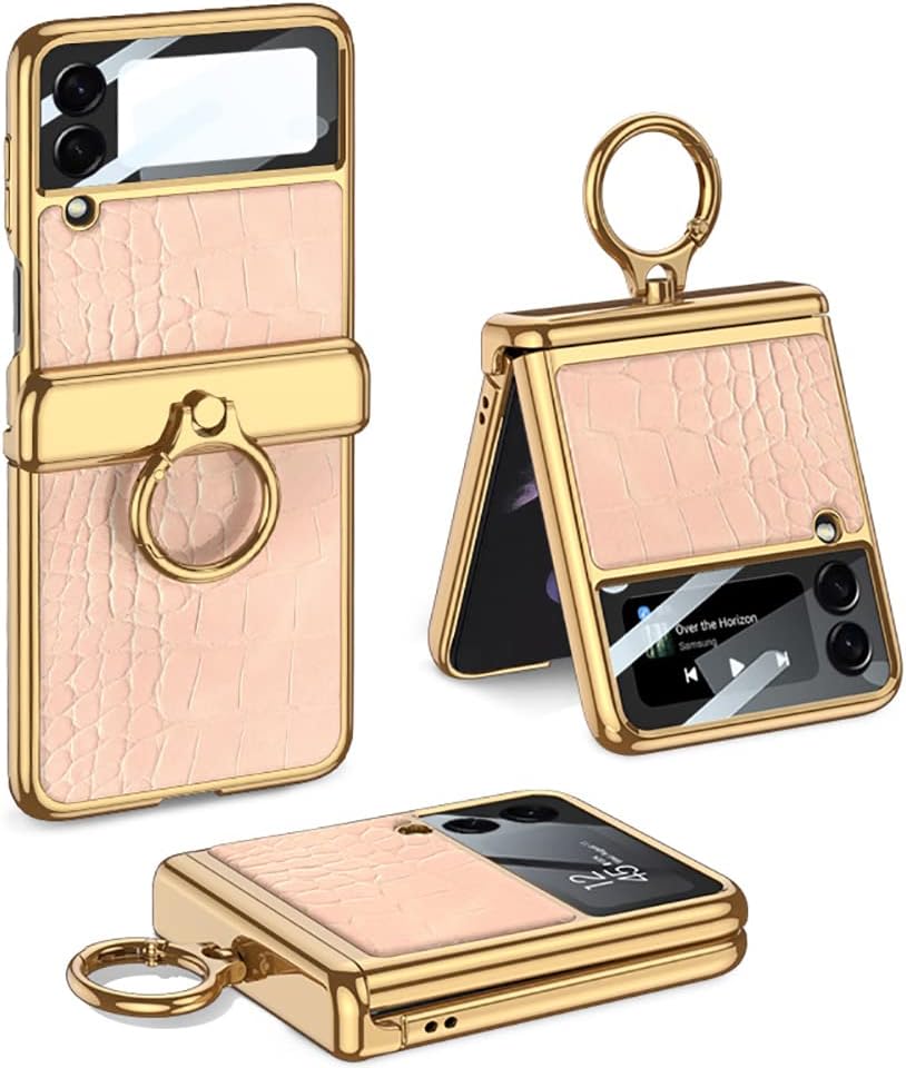 for Z Flip 4,Samsung Galaxy Z Flip 4 2022 Case with Ring Stand Luxury Leather Electroplated Magnetic Hinge Camera Lens Protector Case for Galaxy Z Flip 4 5G Women Girls