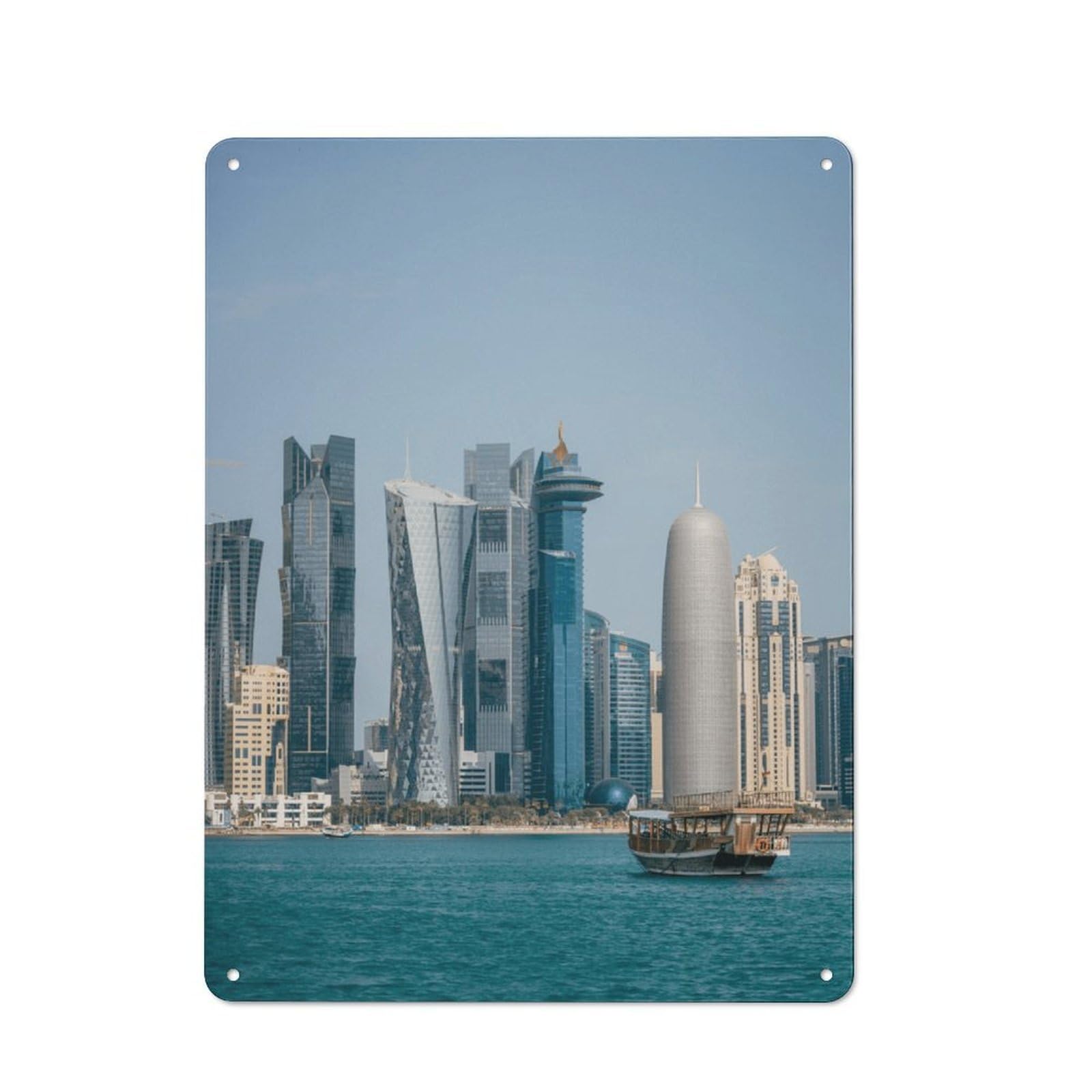 Junmoney Style-9 Doha Skyline With Traditional Boat Rustic Tin Sign 40X30cm For Man Cave Or Games Room, A Decorative Gift For A Newly Furnished Man Cave And Games Room