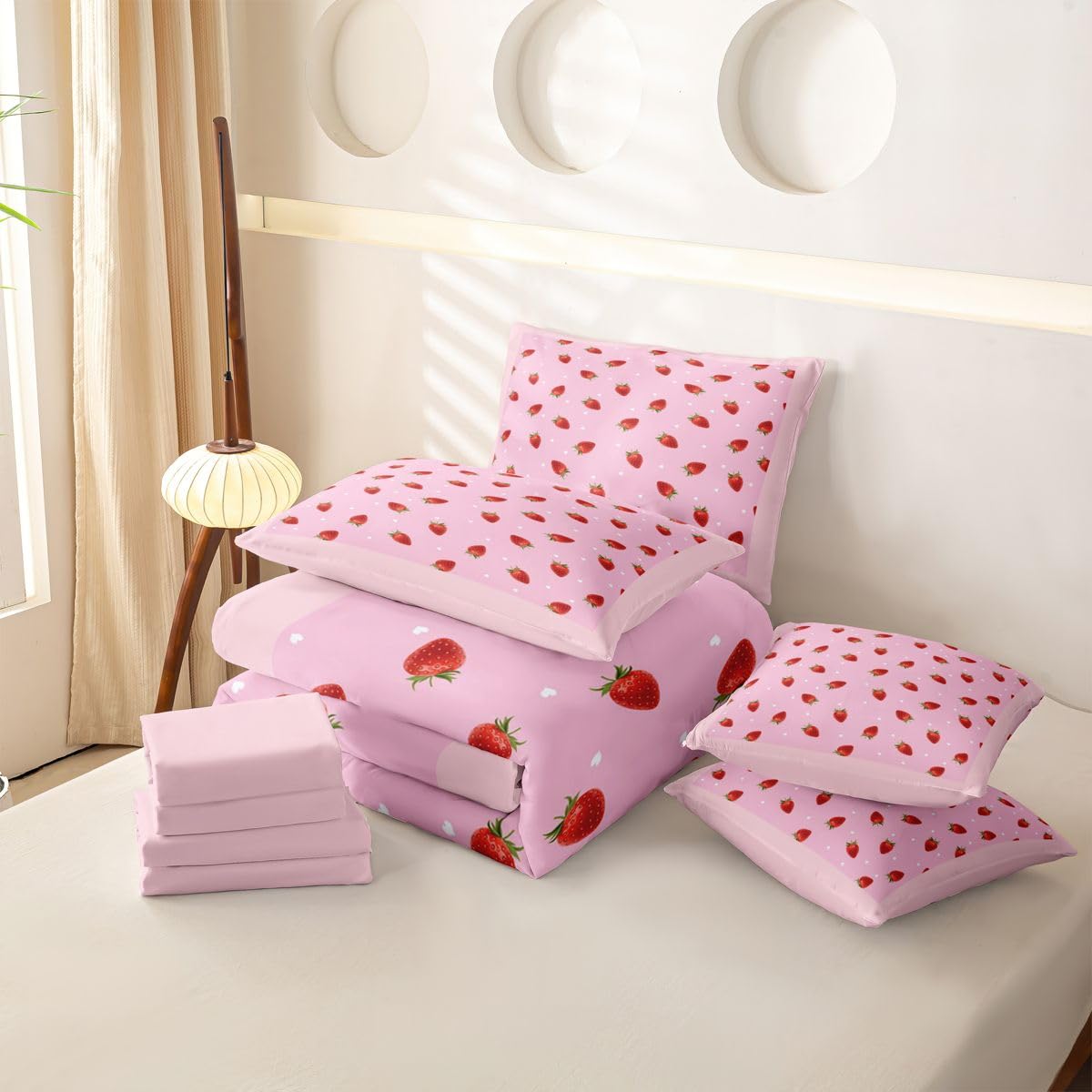 Loussiesd Juego de funda de edredón de 7 piezas con estampado de fresas kawaii, tamaño doble, juego de ropa de cama completo con funda de edredón, sábanas, fundas de almohada y fundas de cojín