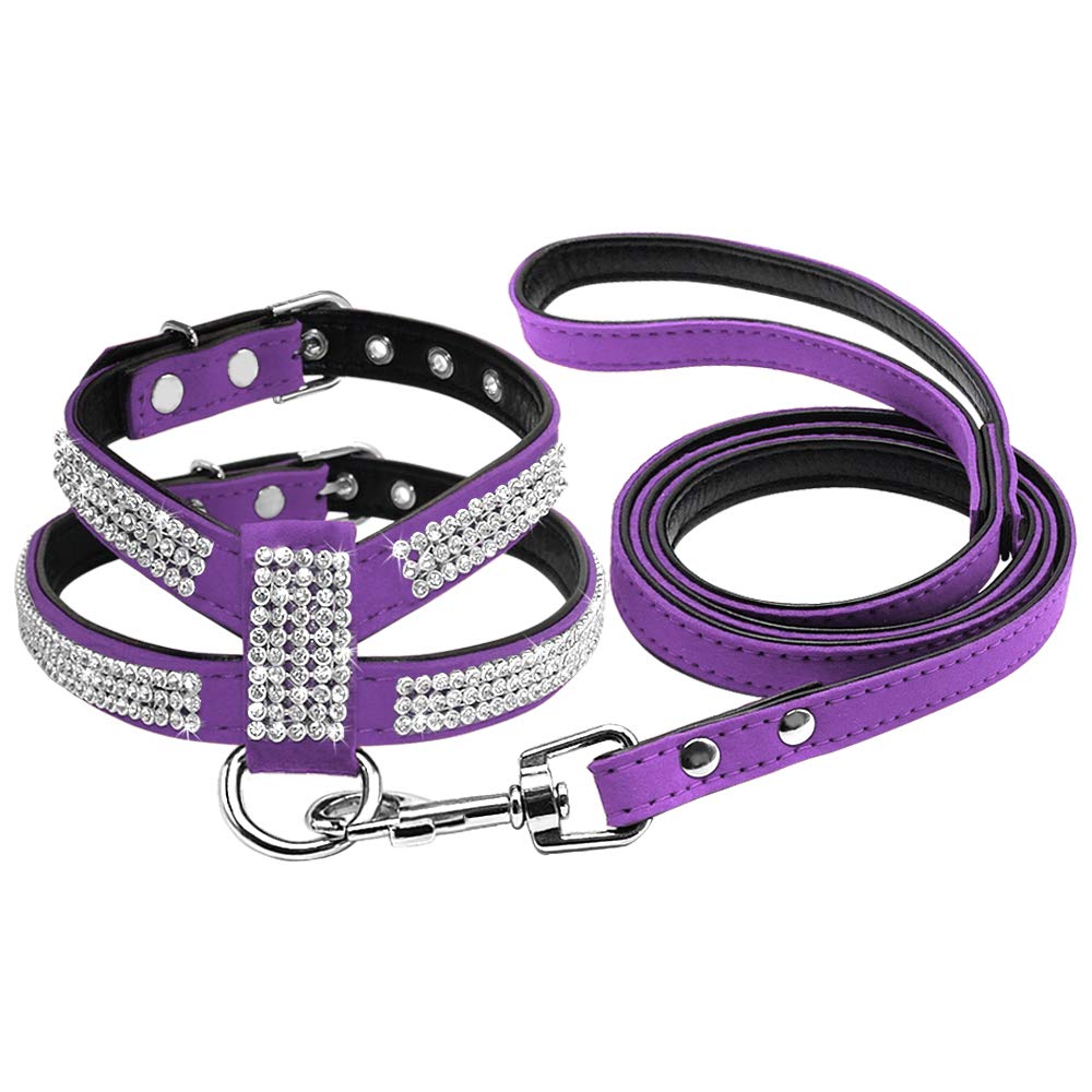 Lightweight Soft Bling Rhinestone Dog Harness Diamante Suede Leather Cat Puppy Kitten Harness Leash Set For Small Medium Dog (Color : Purple, Size : M1)
