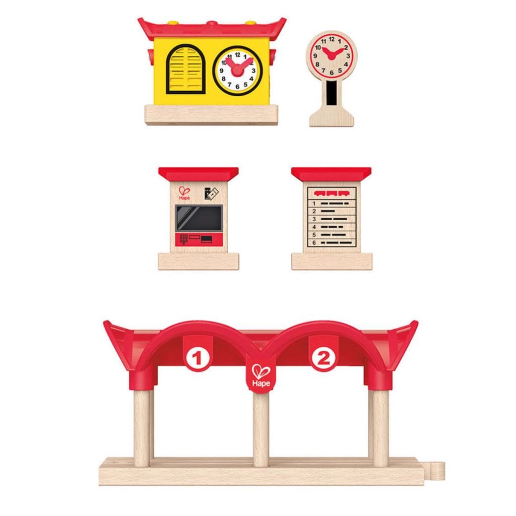 Hape Stazione dei Treni Registra Ascolta e Illumina - Accessorio a batterie con luci, microfono e registratore per gioco di ruolo con ferrovia dai 3 anni in su