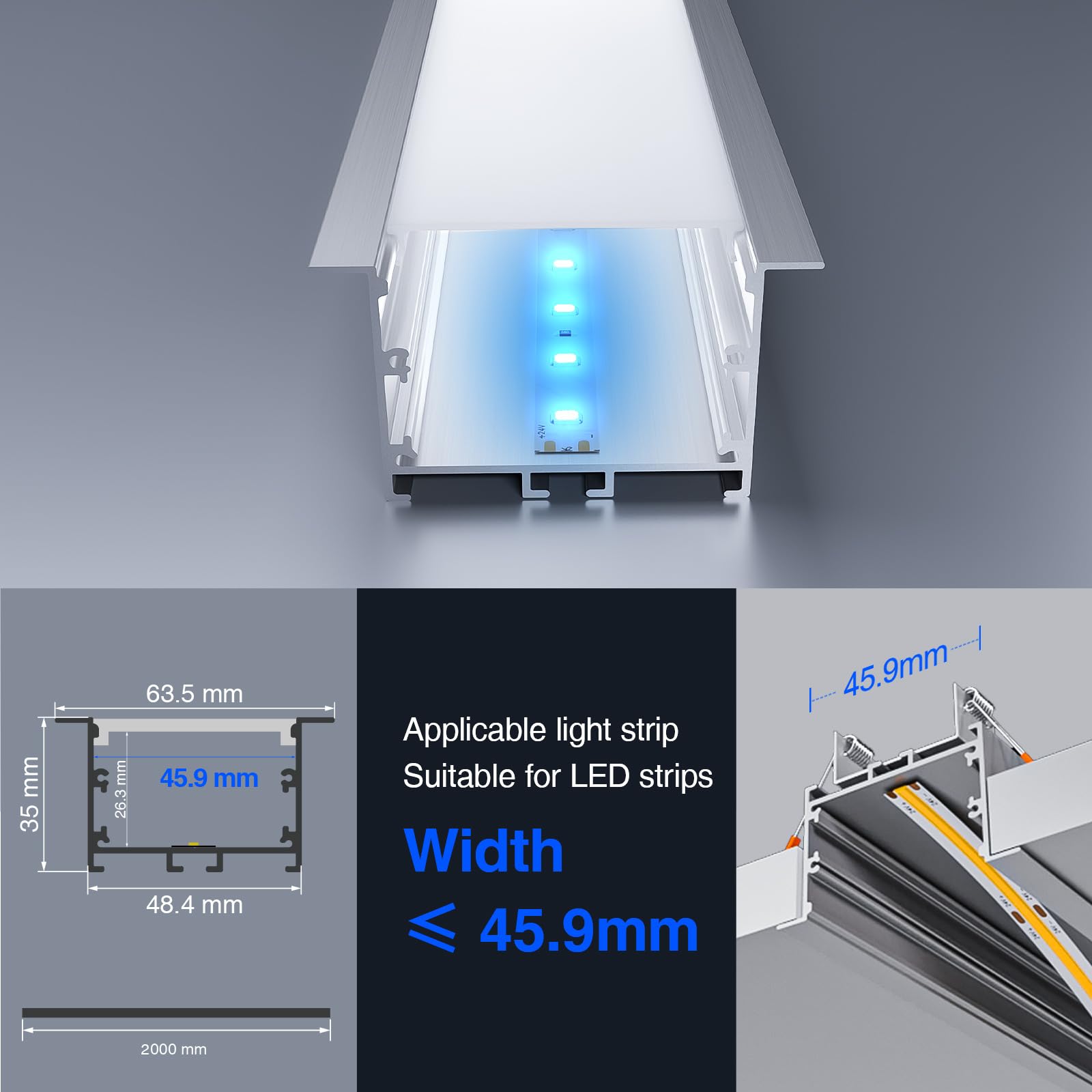 Aluminiowy profil LED do taśm LED 20 x 2 m (łącznie 40 M) Kanały LED w kształcie litery U z dyfuzorem PC i akcesoriami montażowymi do montażu sufitowego lub ściennego