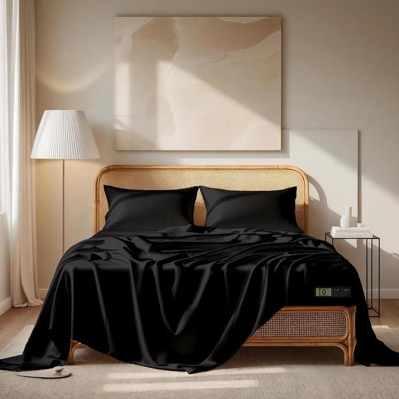 Image of Day Care-Luxury Satin Flat King Size (92x106 Inchs) Bedsheet|Ultra Soft Silky Smooth Touch|Breathable, Lightweight & Skin Friendly|Wrinkle Resistant|Midnight Black