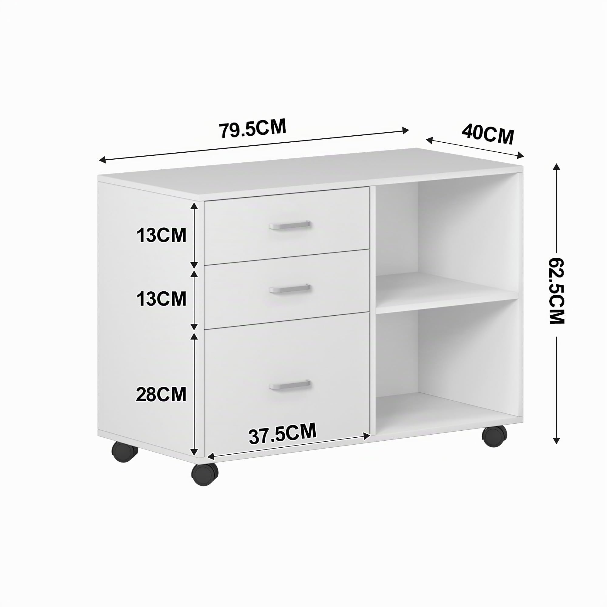 SogesHome Aktenschrank Rollcontainer Büroschrank Aufbewahrungsschrank aus Holz auf Rollen mit 3 Schubladen und 2 offenen Ablagen für A4, Legal, Letter Format,80x40x63 cm