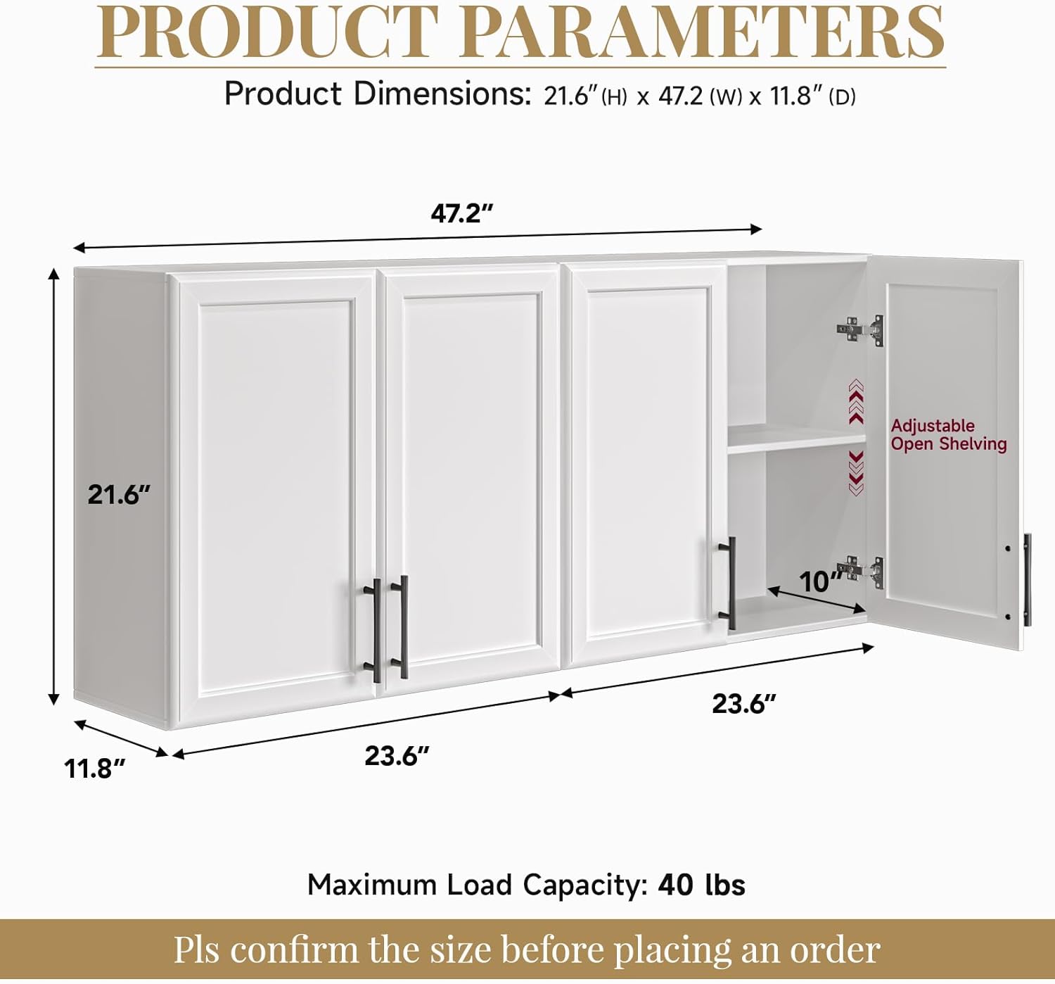 47" W Laundry Room Cabinets Wall Mounted, Upper Cabinets with Adjustable Shelf, Wall Storage Cabinet for Bathroom, Kitchen, Restroom, Over The Toilet Storage Cabinet, White, Set of 2