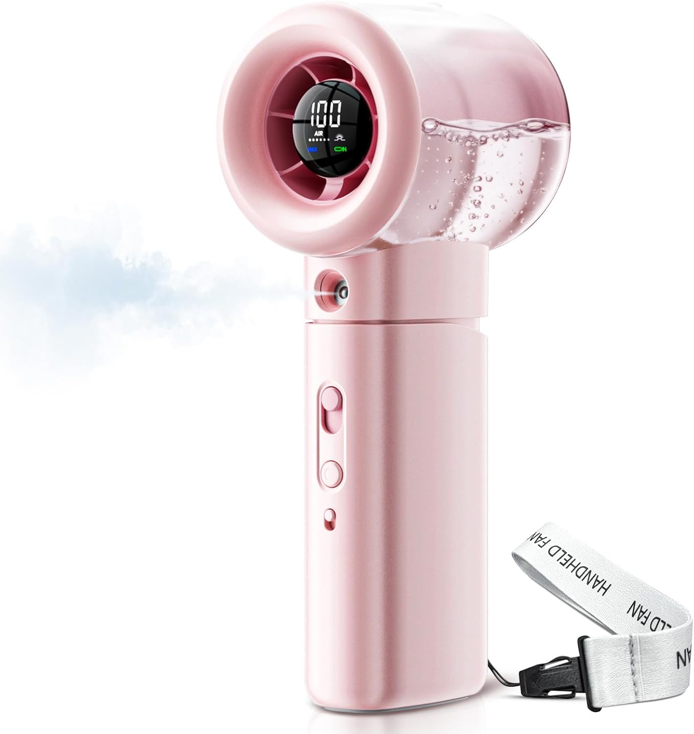 Portable Misting Fan Handheld Powerful Turbo Fan, 100 Speeds, 6000mAh Rechargeable Battery, LED Display, Spray Mist Personal Mini Fan for Travel, Beach, Outdoor Camping (LightPink)
